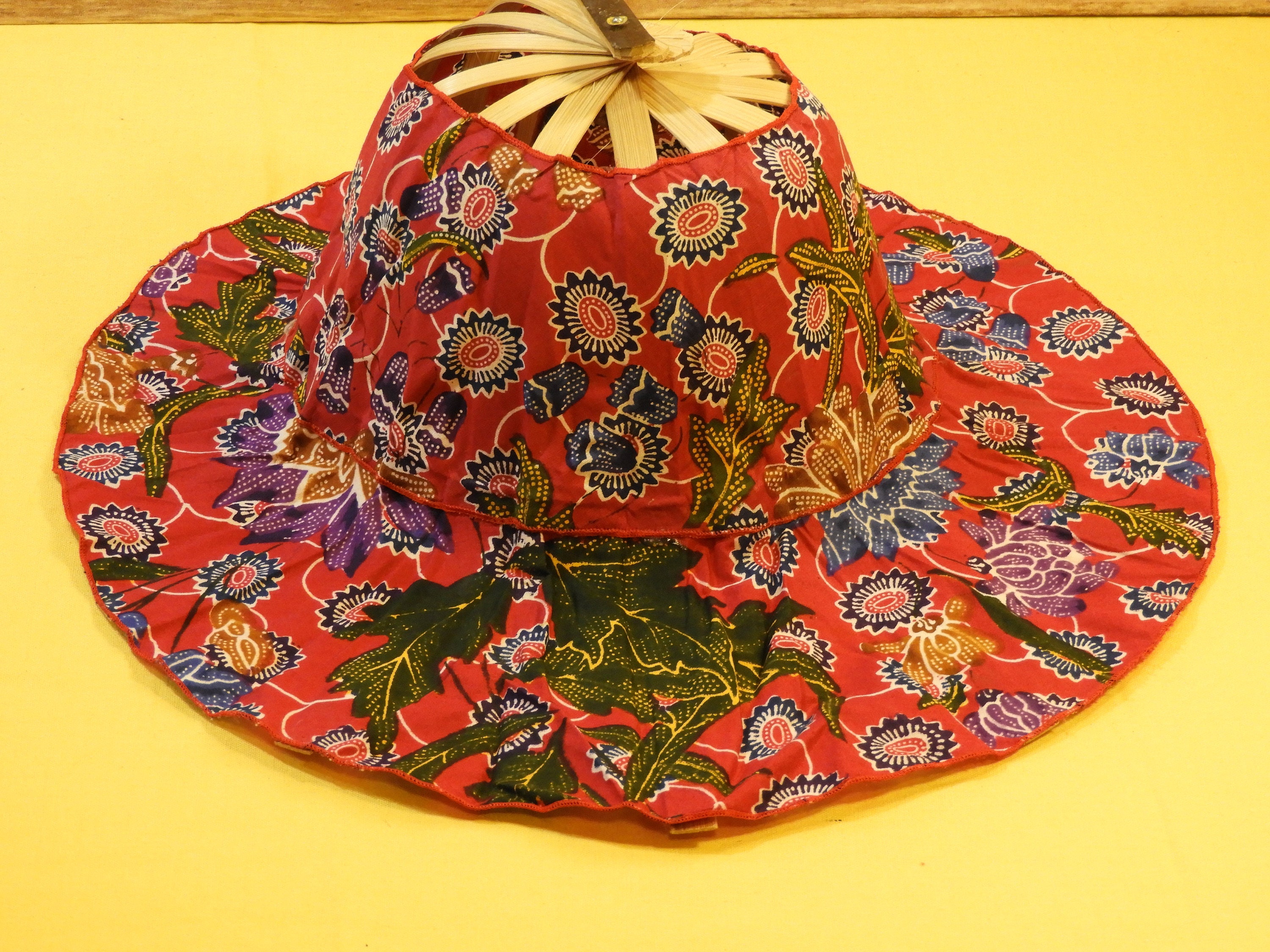 Vintage Folding Fan Hat, Indonesian Sun Hat, Red and Purple Floral Head