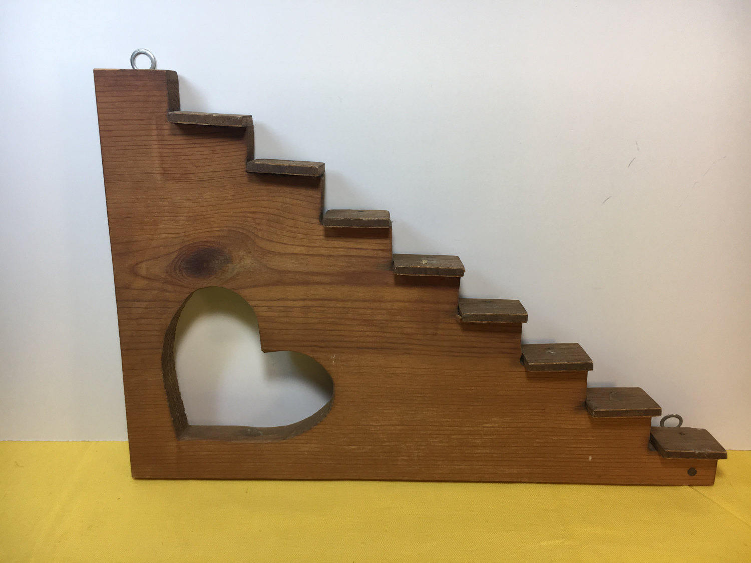 Vintage Wooden Figurine Shelf, Stair Step Wooden Figurine Heart Display