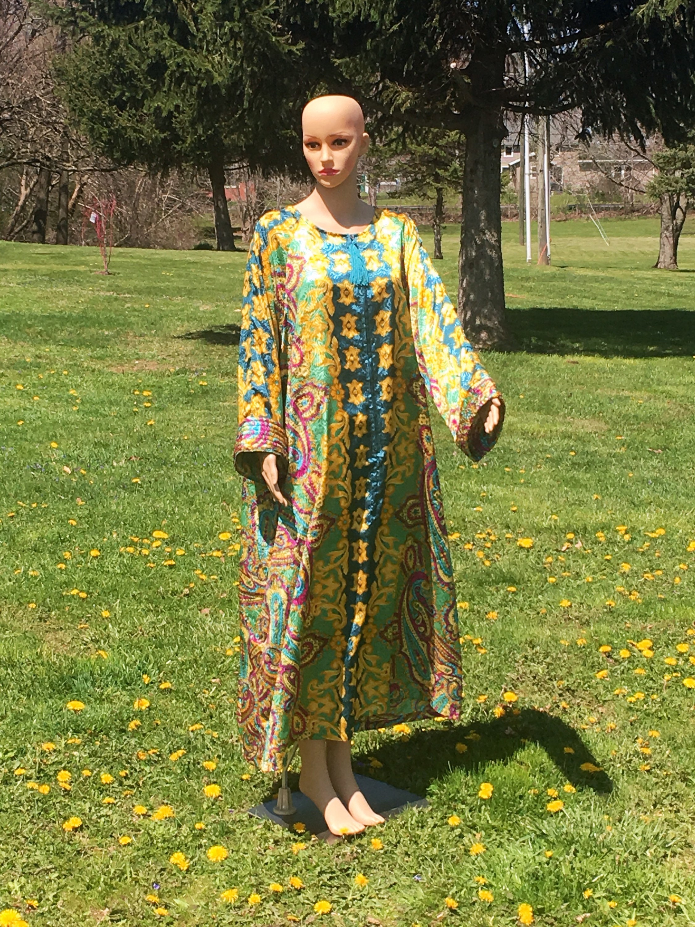 Vintage Winlar Caftan Robe, Women's 1X Lounge Dress, Yellow Green ...