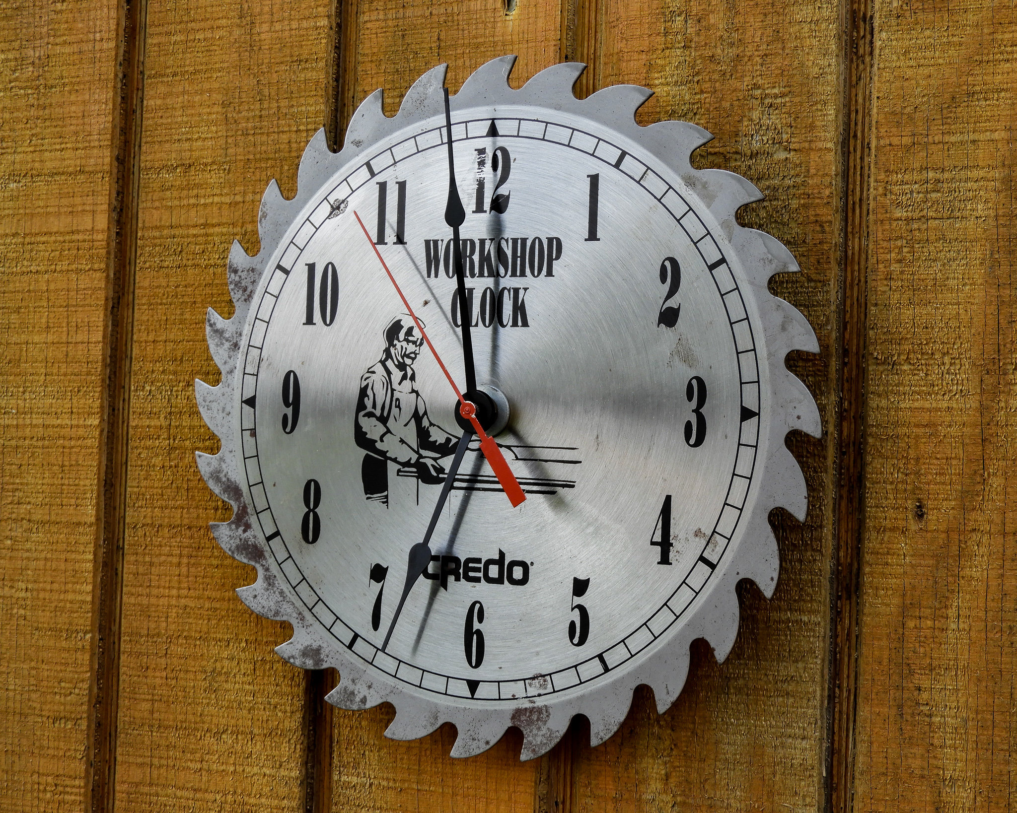 Vintage Saw Clock, Brushed Stainless, Distressed Blade, Industrial