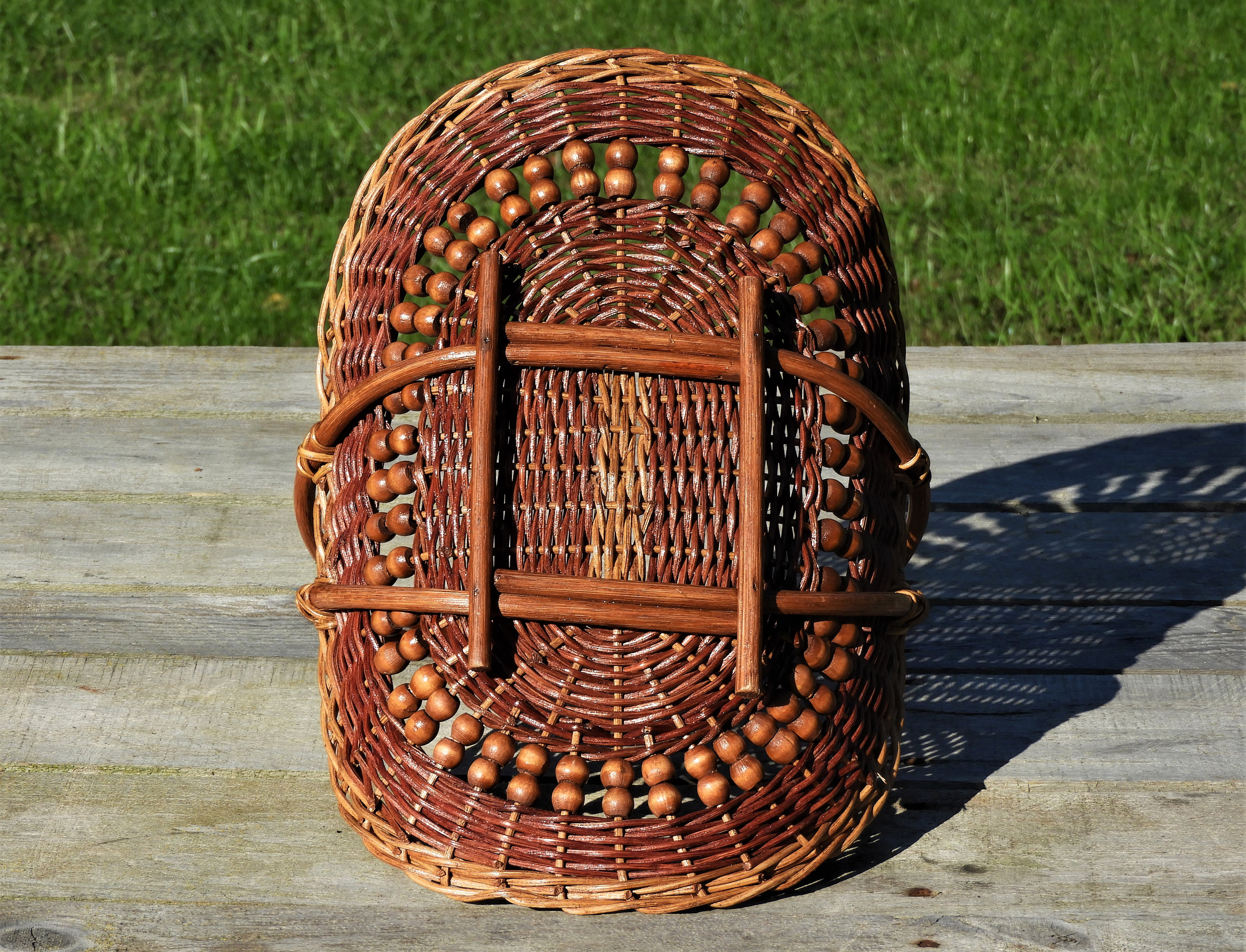 Vintage Centerpiece Basket, Wicker Rattan Decor, Brown Entryway Storage, Wooden Beaded Basket