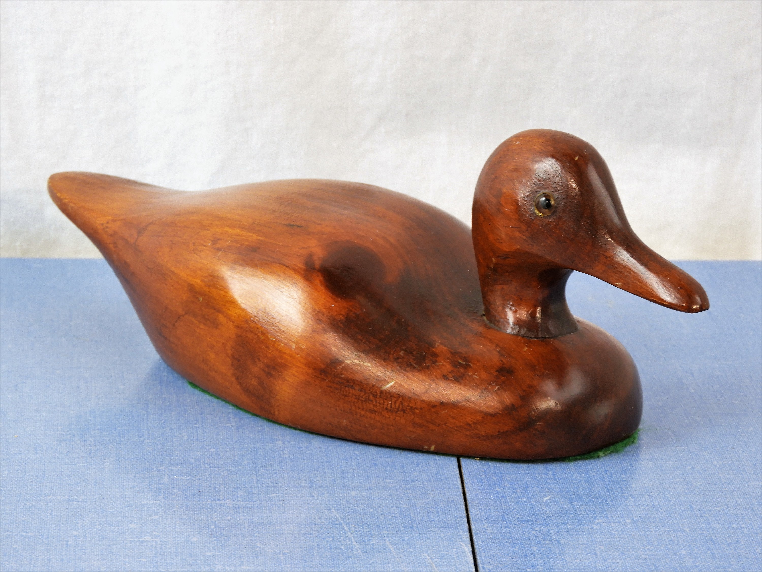Vintage Wooden Duck, Carved Brown, Sitting Water Fowl, Glass Eyes