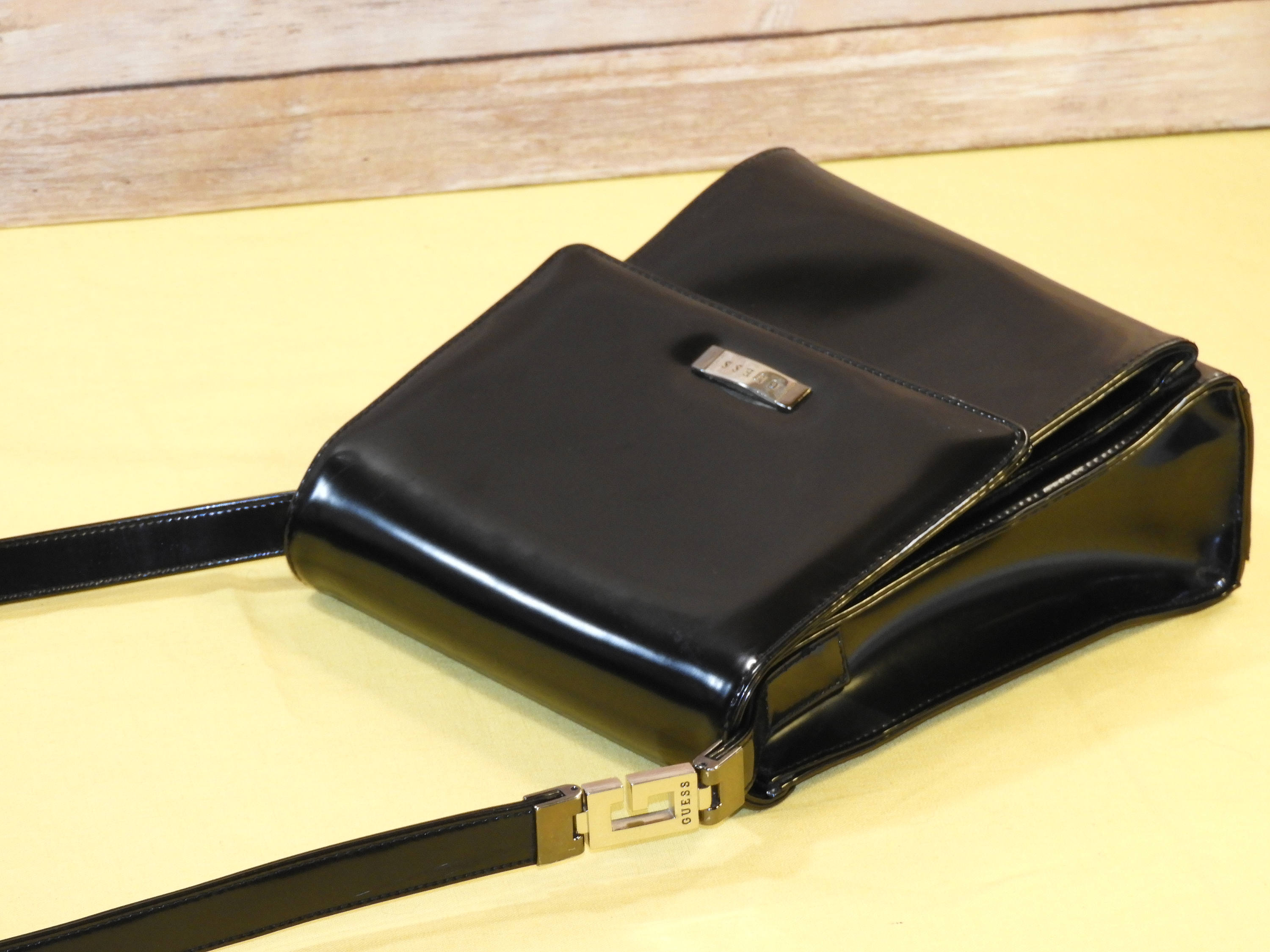 Vintage Guess Handbag, Black Faux Leather Guess Purse, Guess Messenger