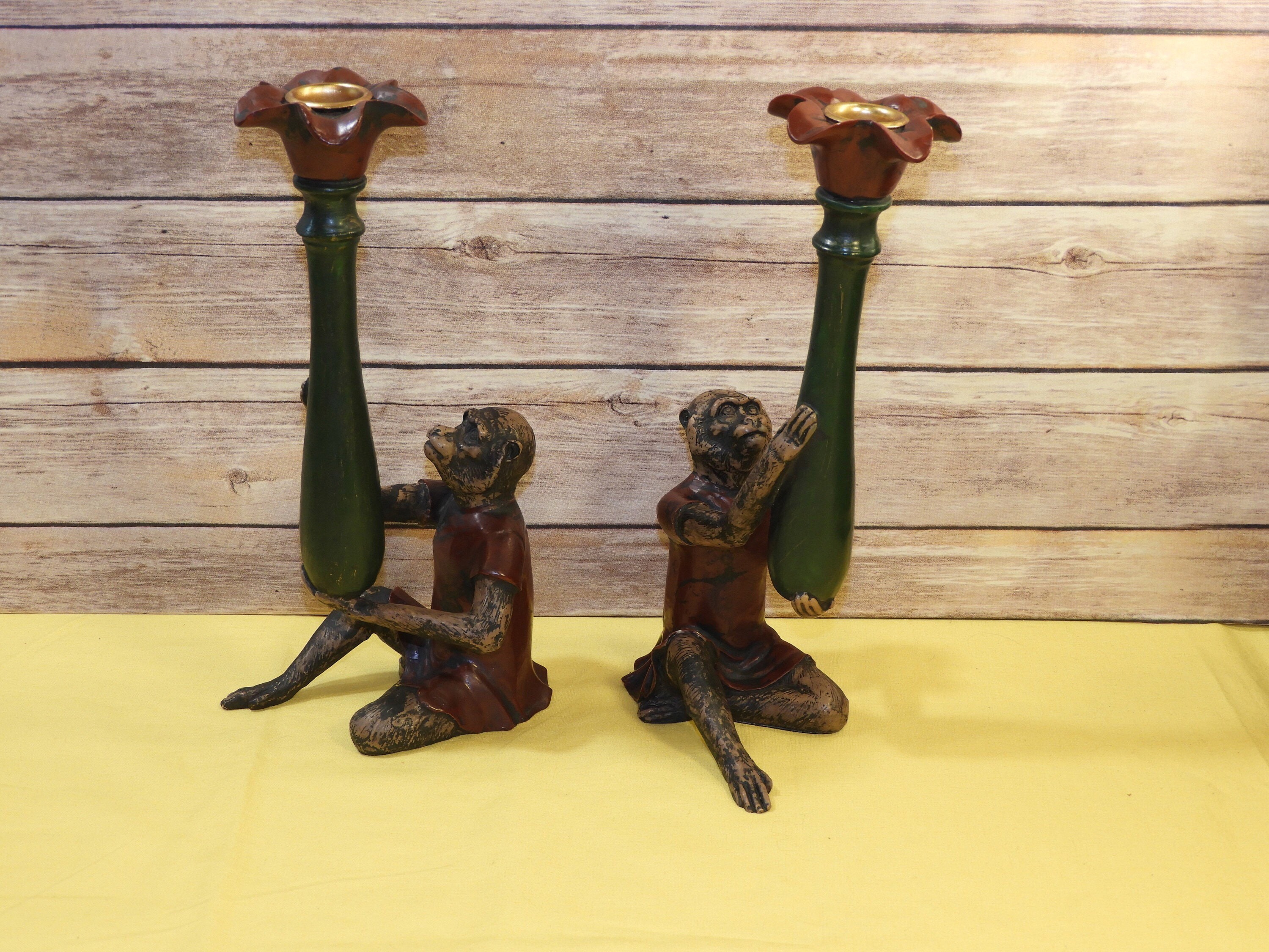 Vintage Monkey Candle Holders (2), Seated Monkey Statue, Carved Resin