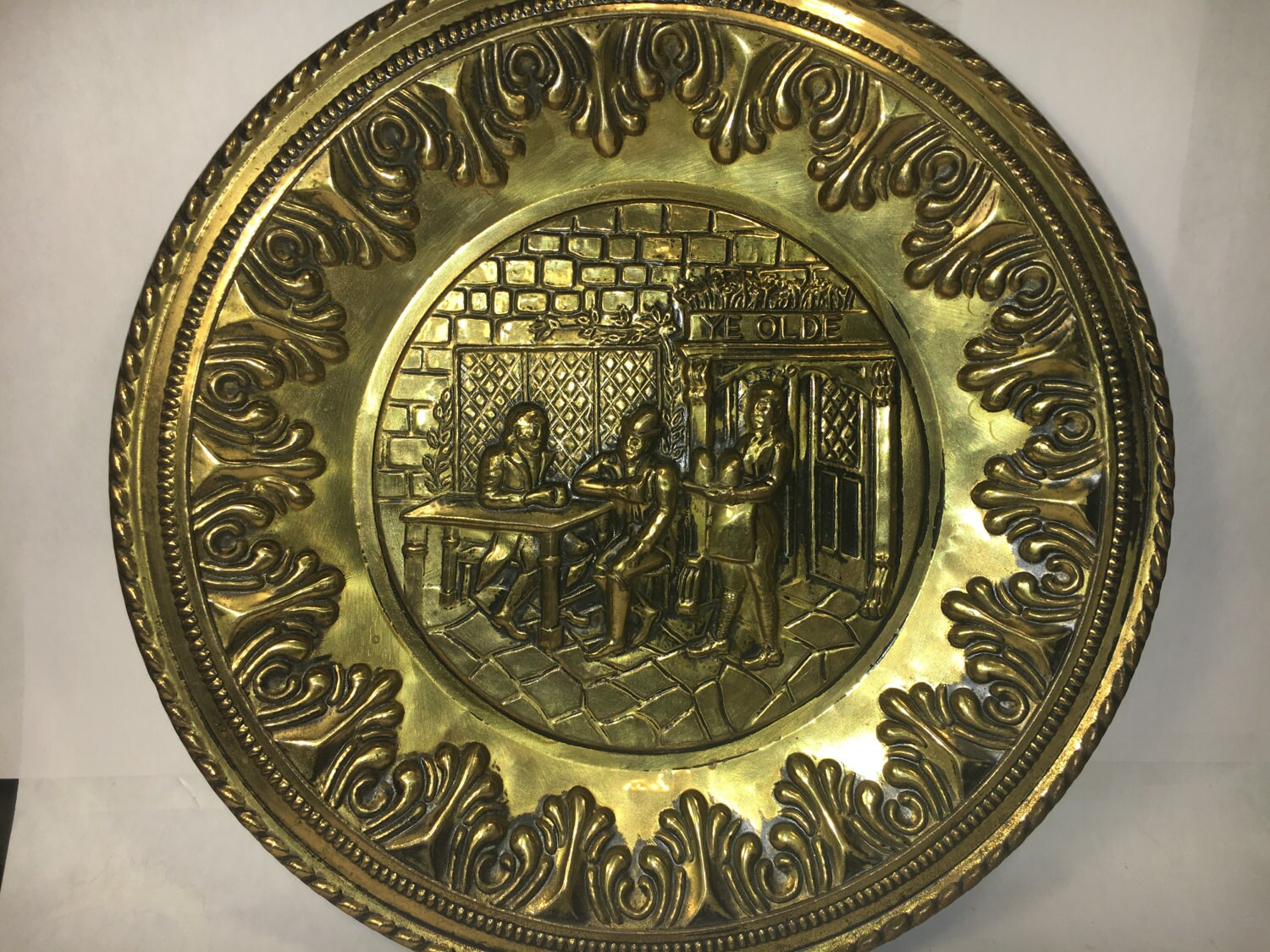 Vintage Set of 2 Brass Plates England Hanging Wall Art Ye Olde Pub