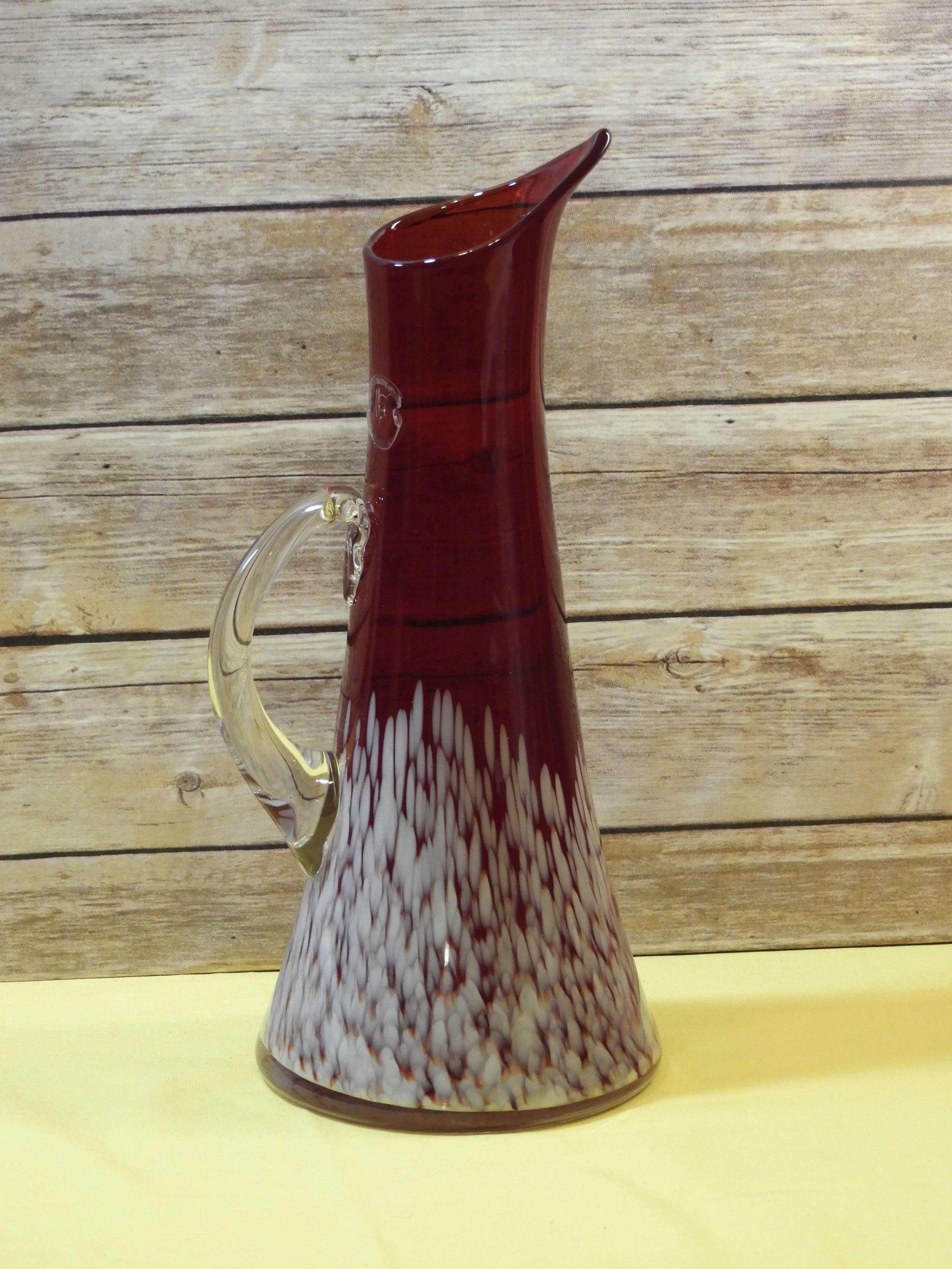 Vintage Handblown Glass Pitcher, Red & White Murano Volcano Decorative