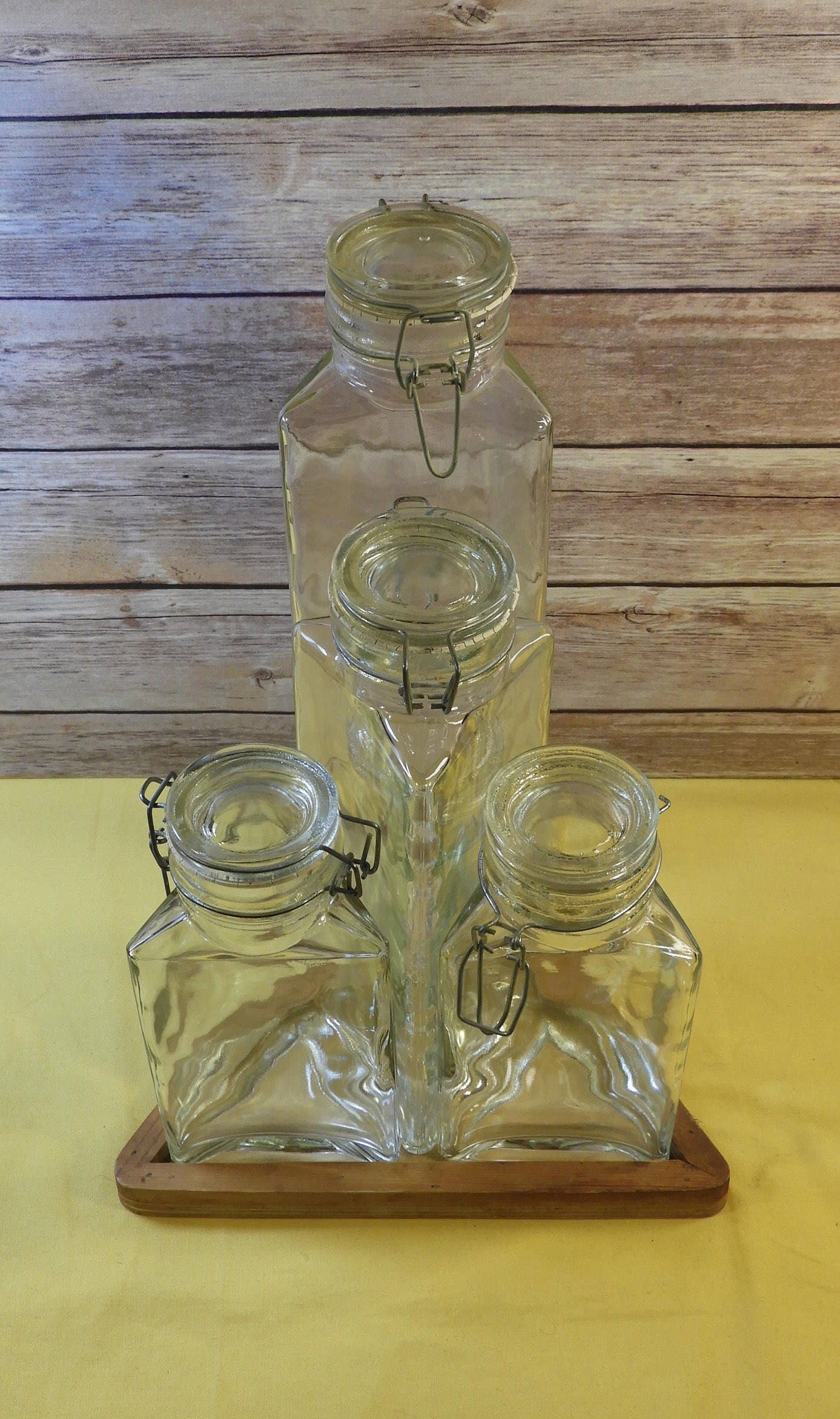 Vintage Geometrical Glass Pasta Canister Set (4 and Base), Triangle Pasta Kitchen Jars