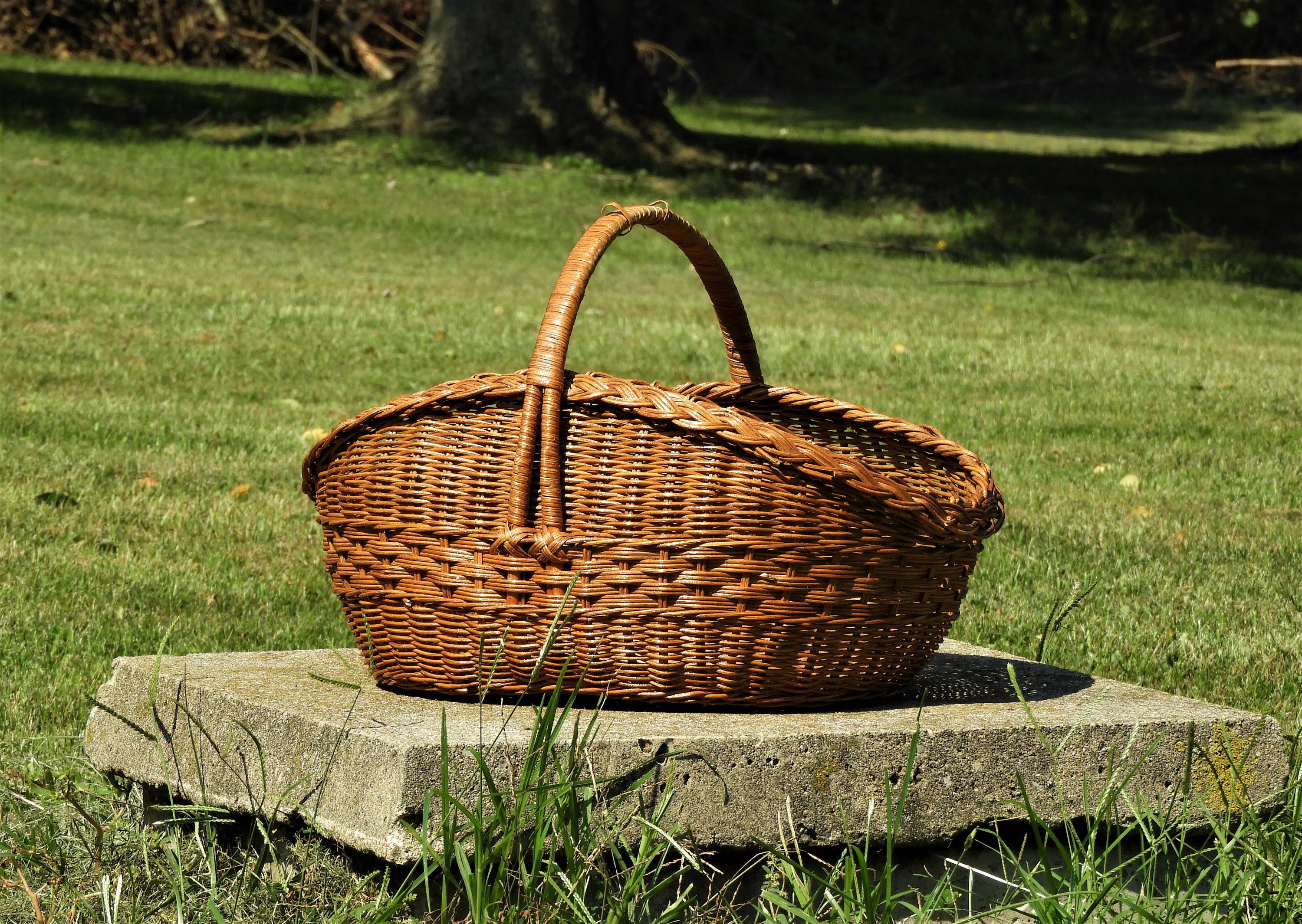 Vintage Wicker Basket, Large Farm Basket, Three Weave Centerpiece