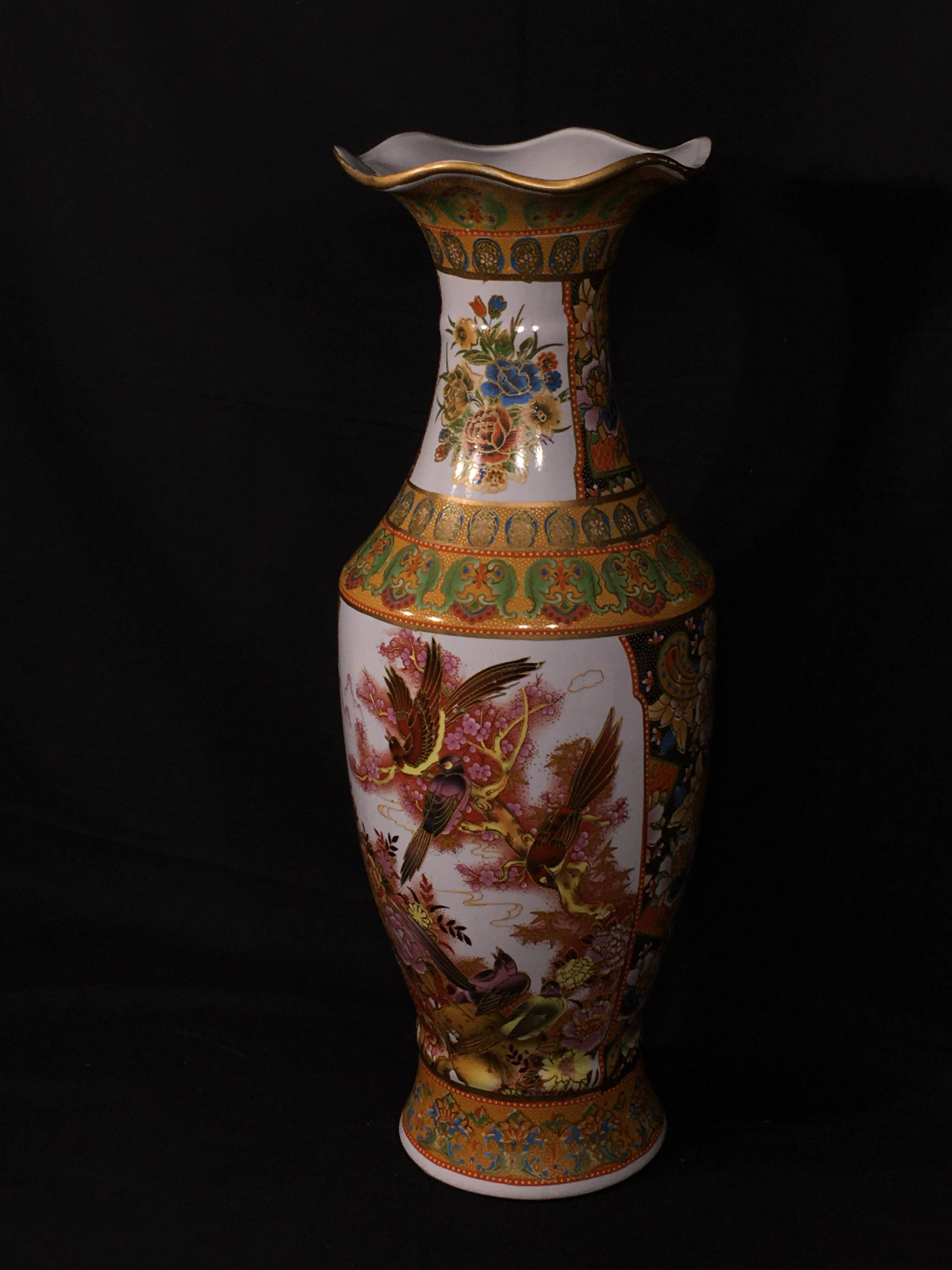 Vintage Oriental Pheasant Vase, Decorative Red Gold Purple Orange Vase