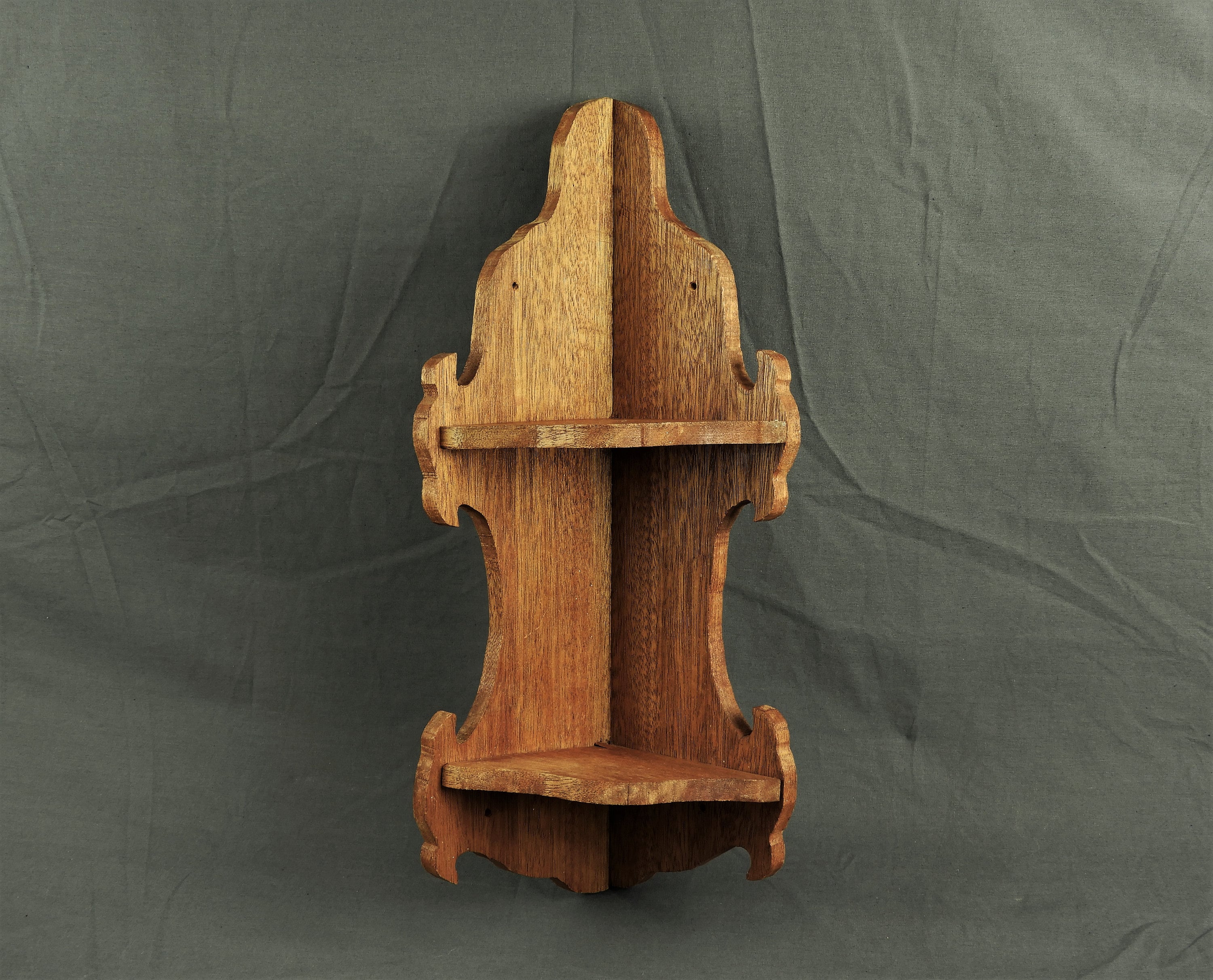 Vintage Corner Shelf, Wall Hanging, Solid Wood, Medium Brown, Carved