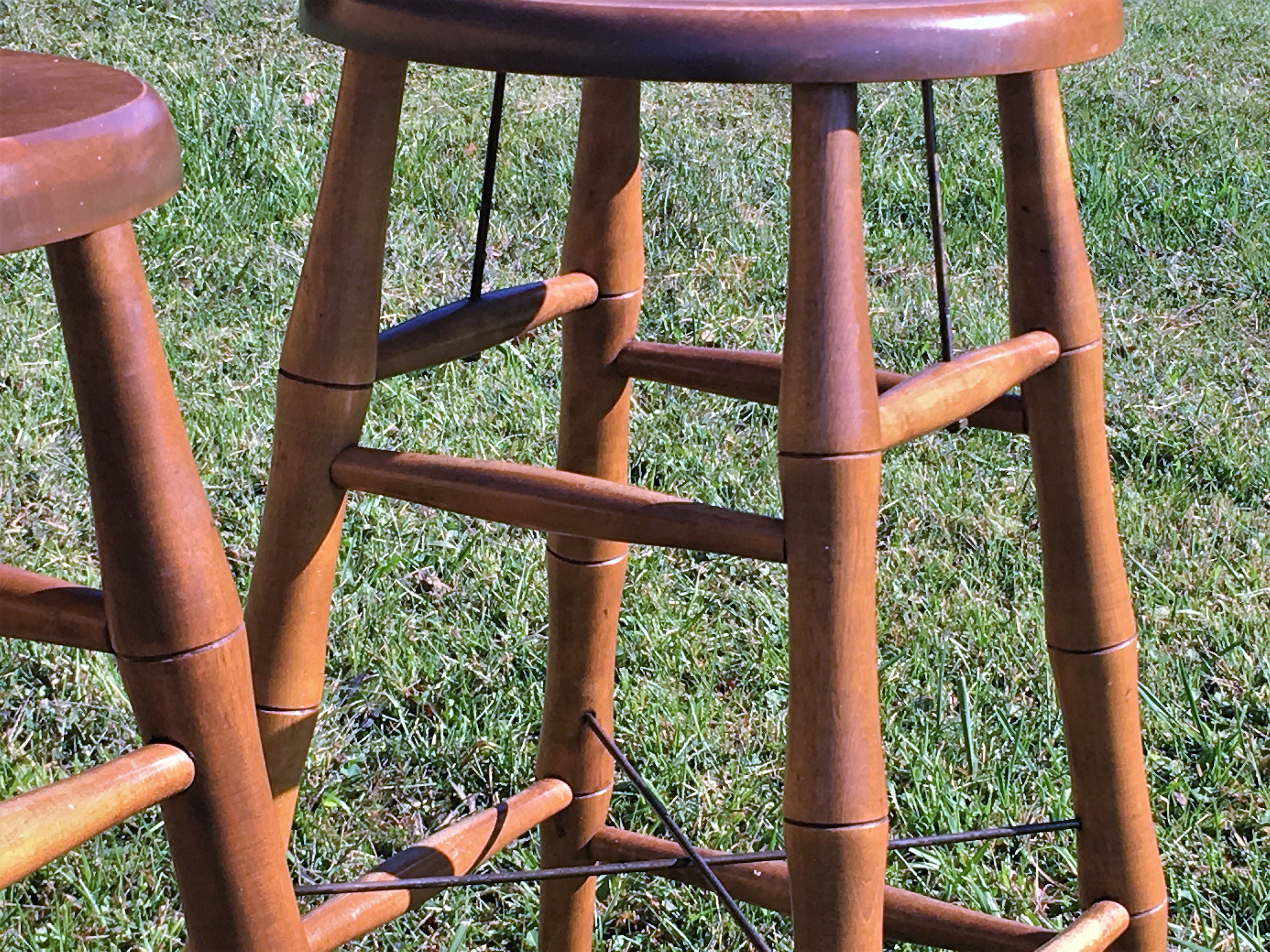 Vintage Maple Bar Stools (4), Bent Bros Stools, Bamboo Style Counter Seat, Industrial Metal 