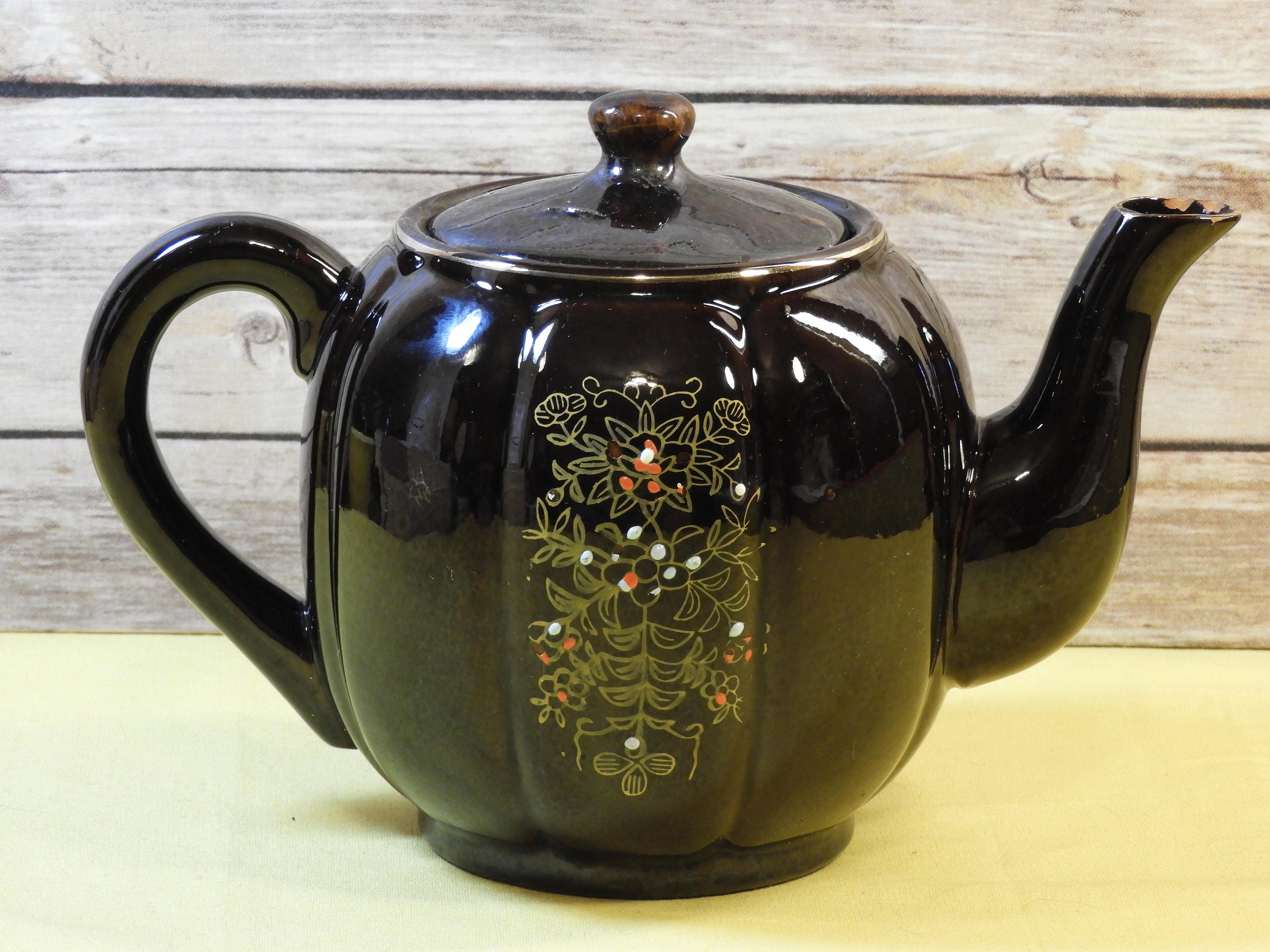 Vintage Oriental Tea Pot,Brown Floral Dot Hand Painted Pottery Tea Pot