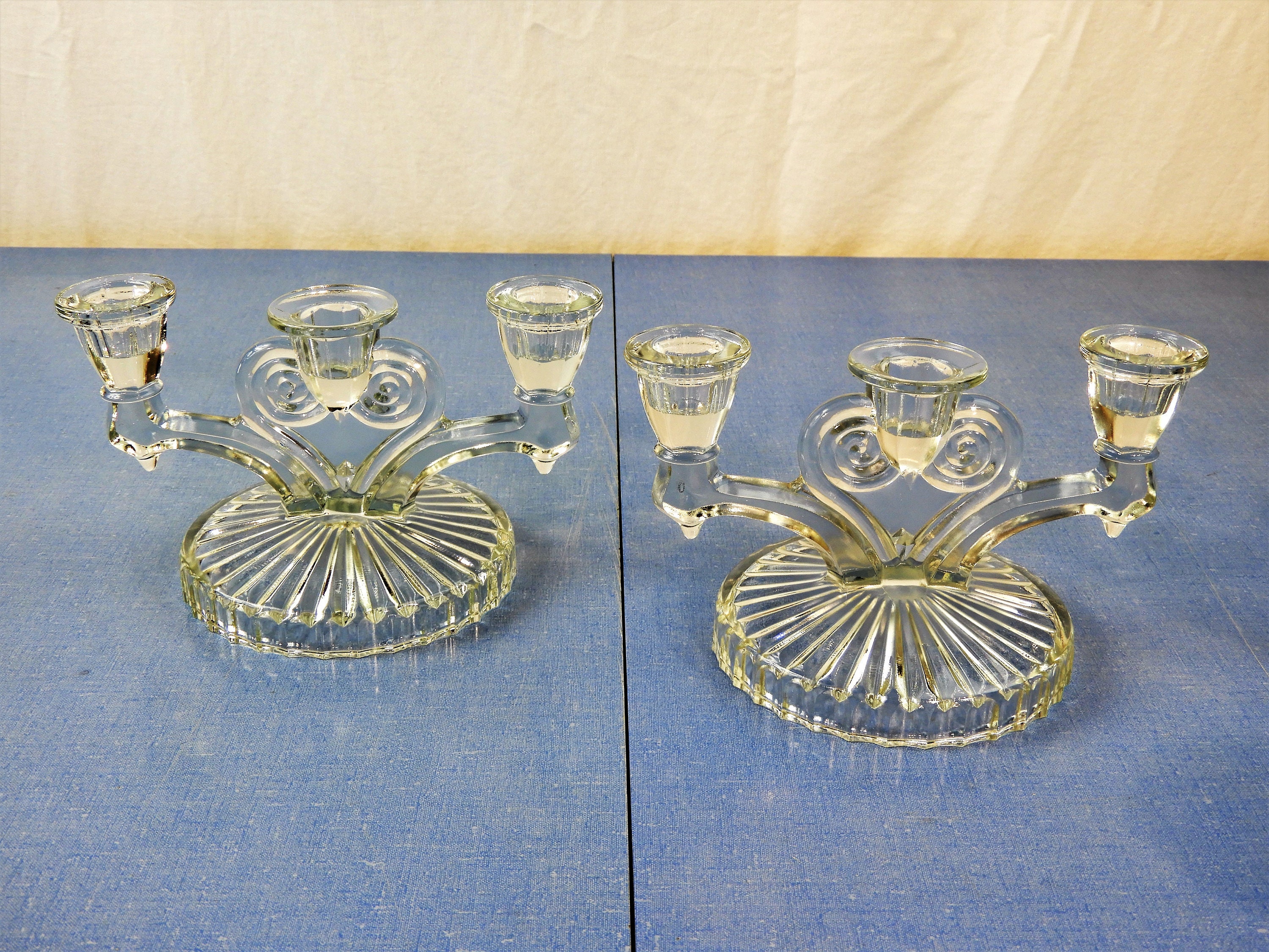 Vintage Glass Candelabras (2), Art Deco Decor, Triple Cup Candle