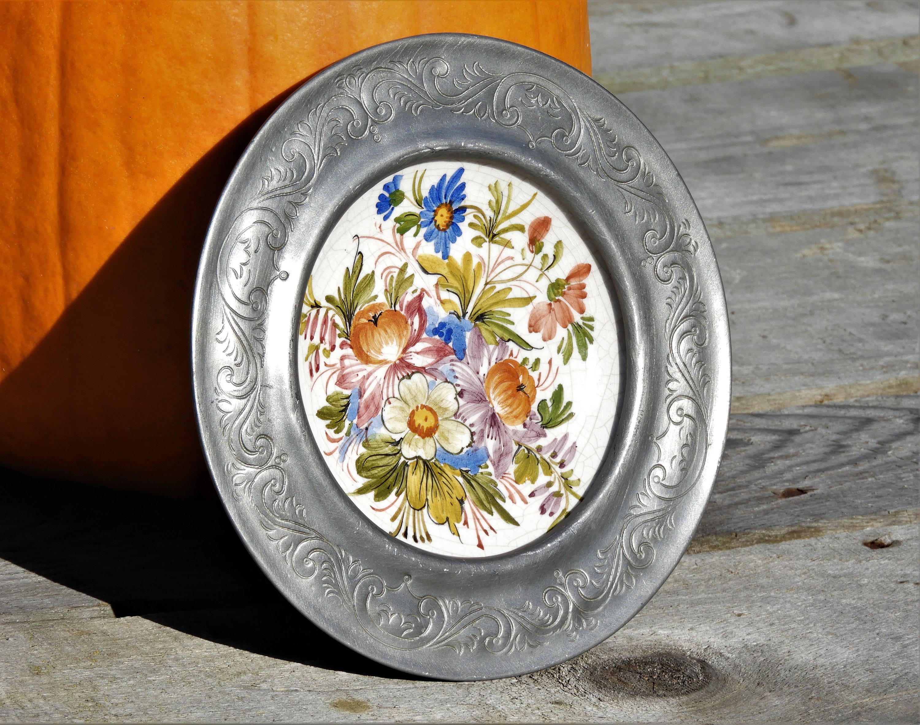 Vintage C B Bassano Plate, Flower Garden Art, Ceramic and Pewter Wall Hanging, Blue & Silver ...