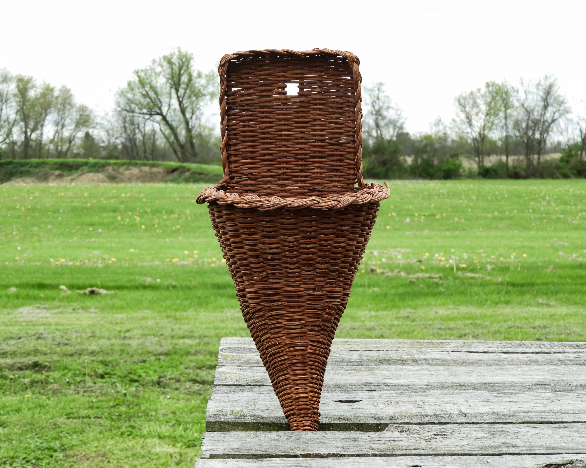 Vintage Cone Basket, Wall Hanging, Reddish Brown, Pilgrim Vase, Woven