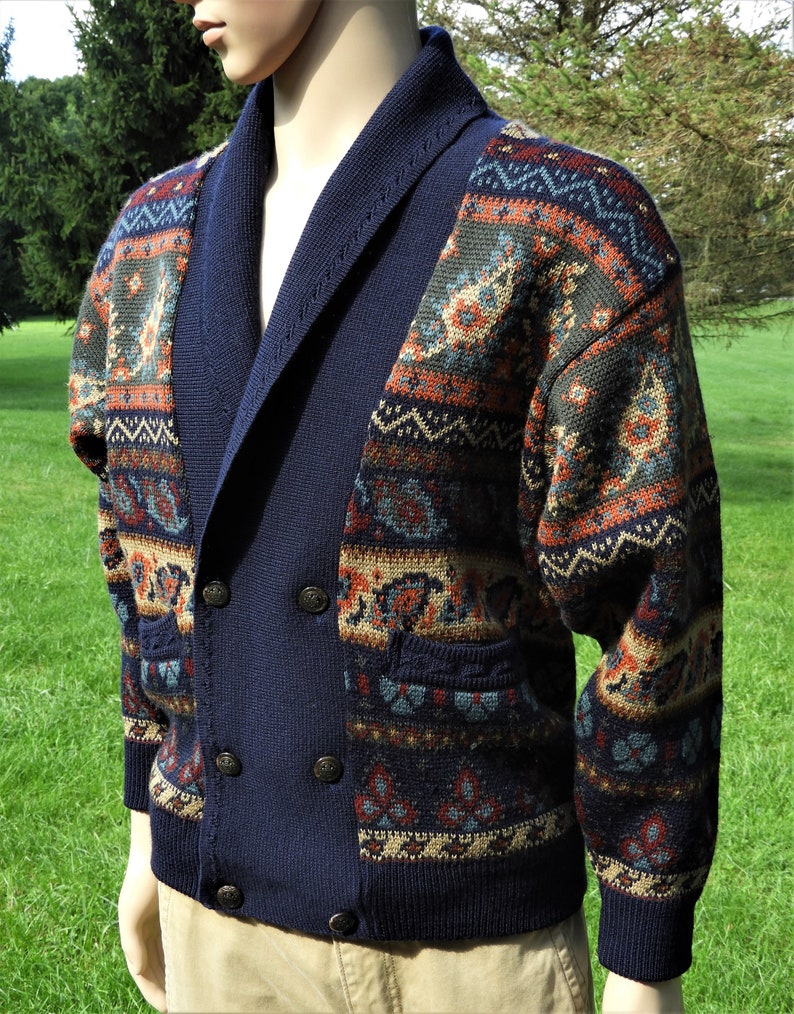 Superwash Machine Washable Clothing Vintage Wool Cardigan Geccu Australian Sweater Aussie Fashion Blue Paisley /& Geometrical Shirt