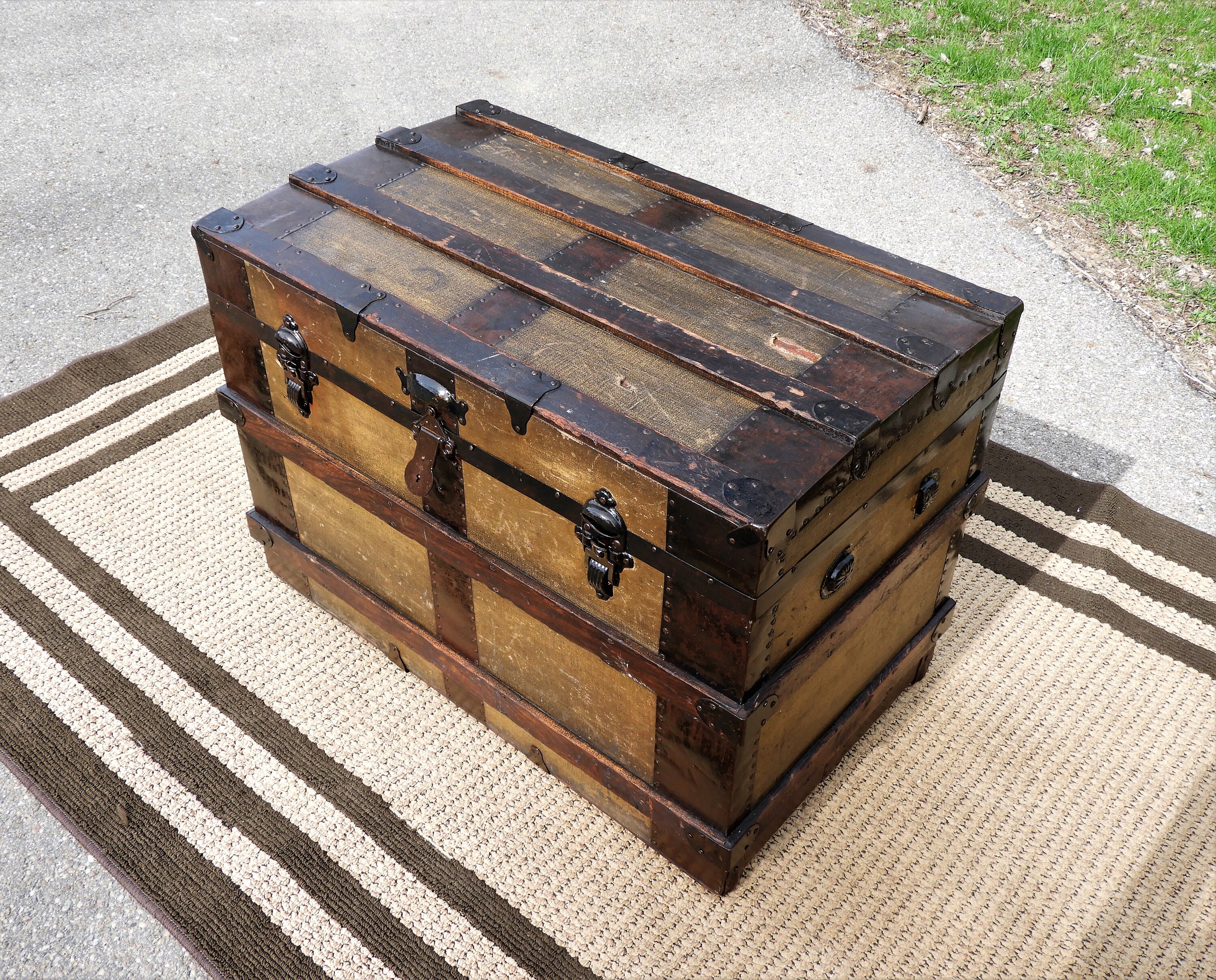 Antique Steamer Trunk, 1880s Canvas & Wood, Wooden Coffee Table