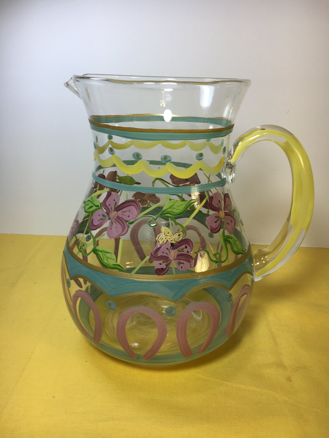 Vintage Blown Glass Pitcher, Hand Painted Pitcher, Blown Glass