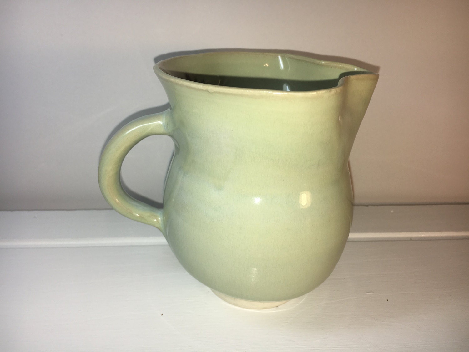 Vintage Small Ceramic Creamer Pitcher Mug, Soft Green Slight Brown Drip