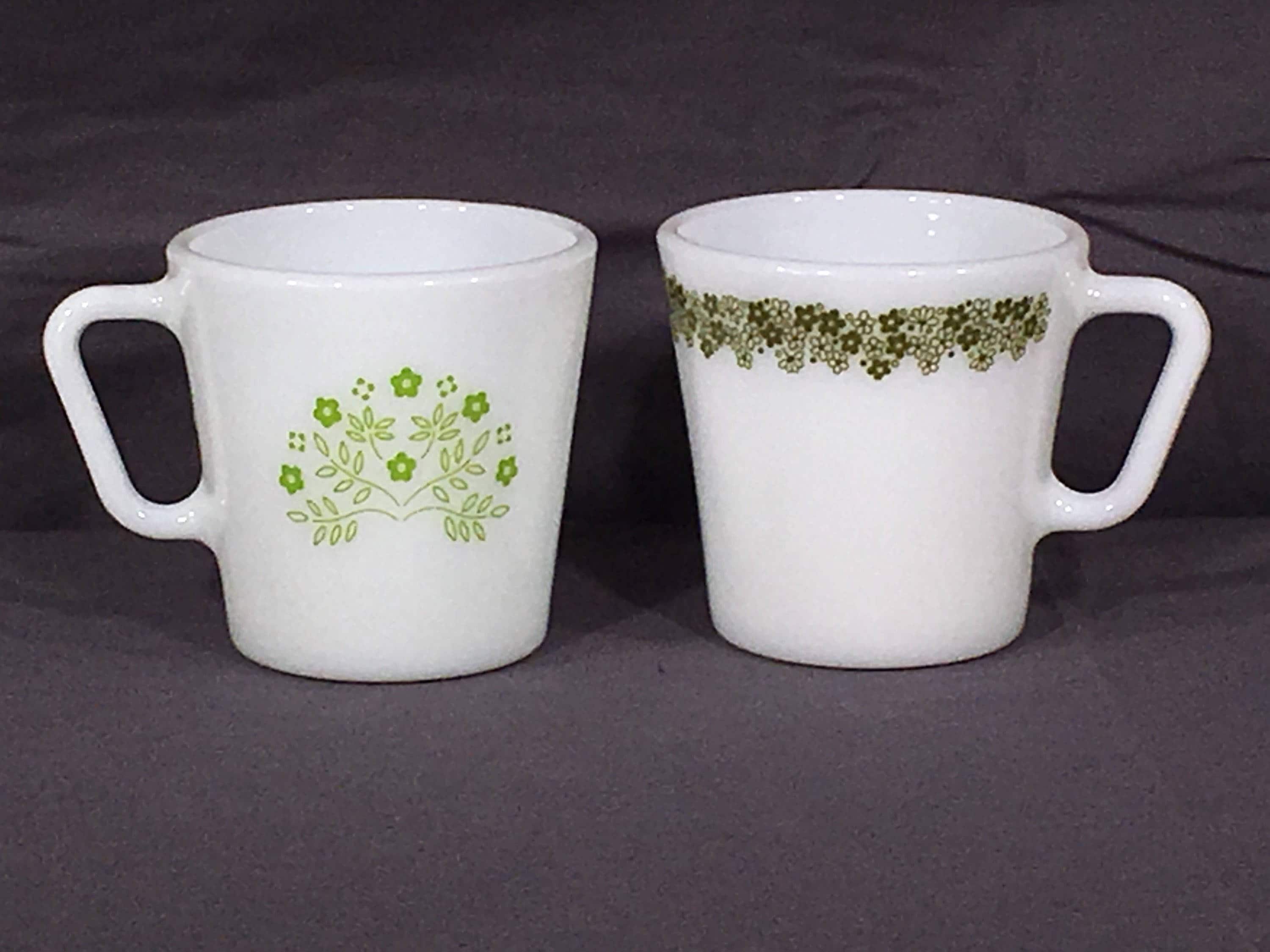  Vintage  Pyrex Mugs  Decorative Green White Coffee Cups 