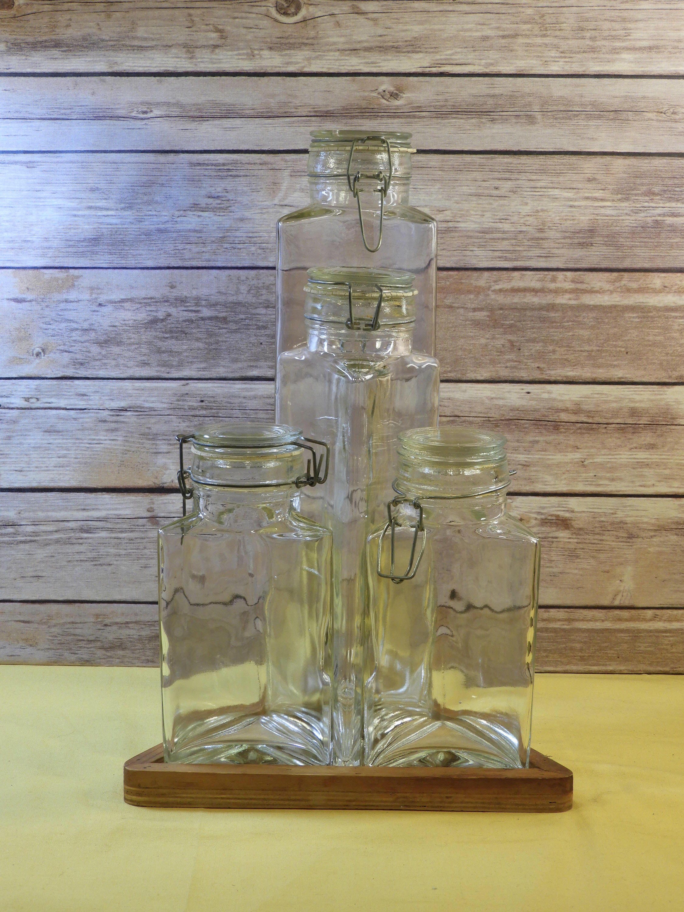 Vintage Geometrical Glass Pasta Canister Set (4 and Base), Triangle Pasta Kitchen Jars