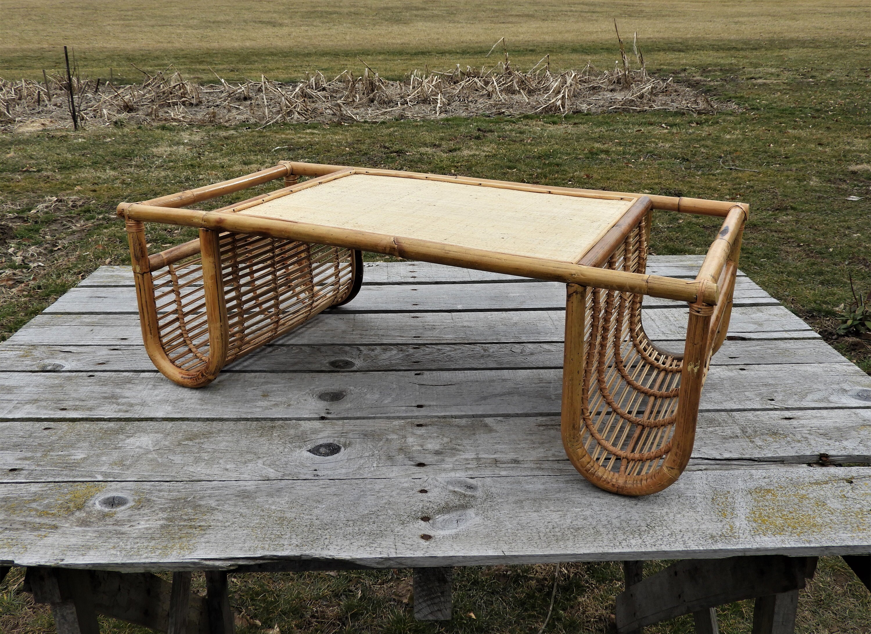 Vintage Rattan Server, Wooden Lap Desk, Boho Island Decor, Portable