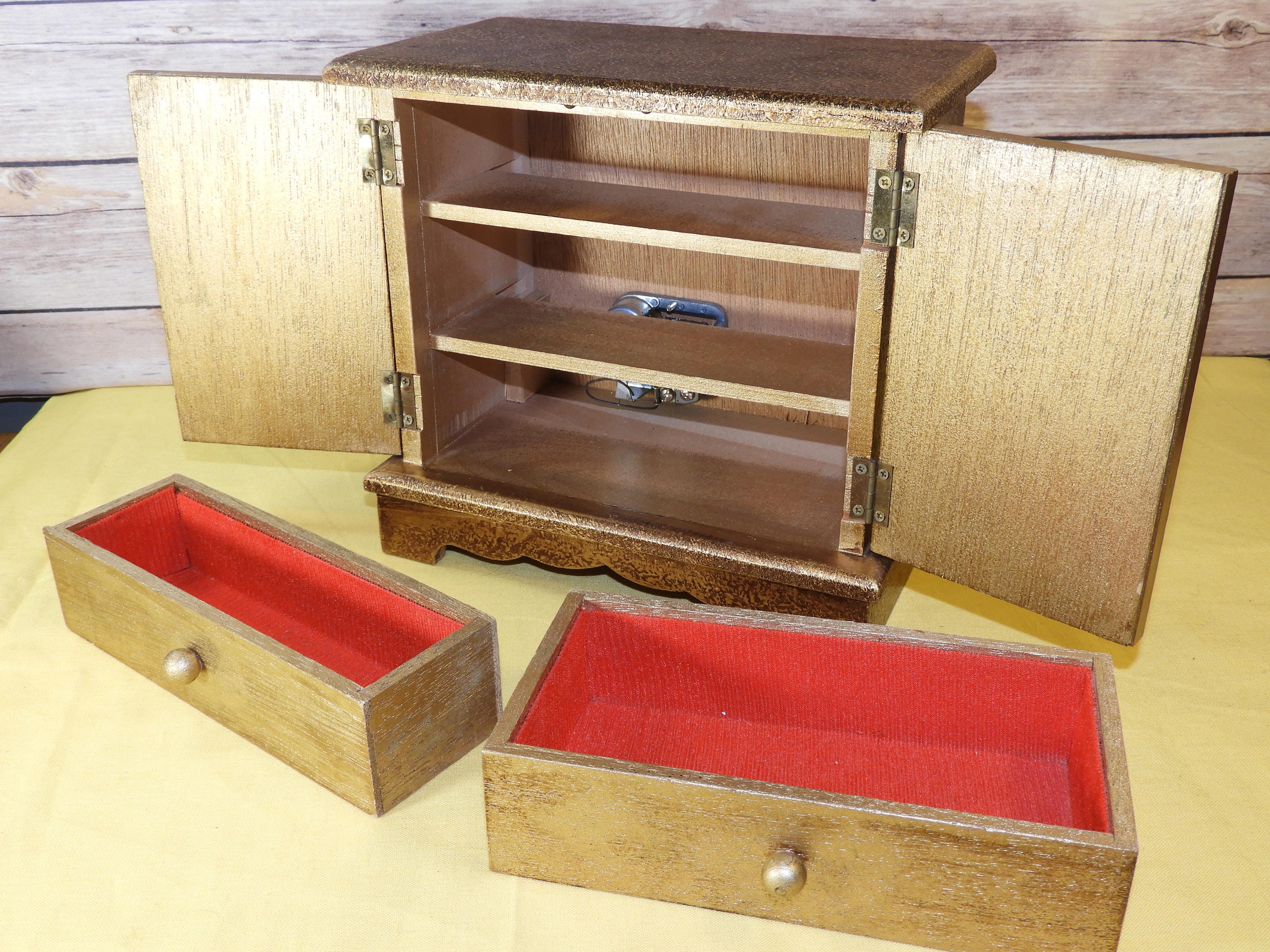 Vintage Toyo Antique Wood Music Jewelry Box, Rare Gold Floral Frame