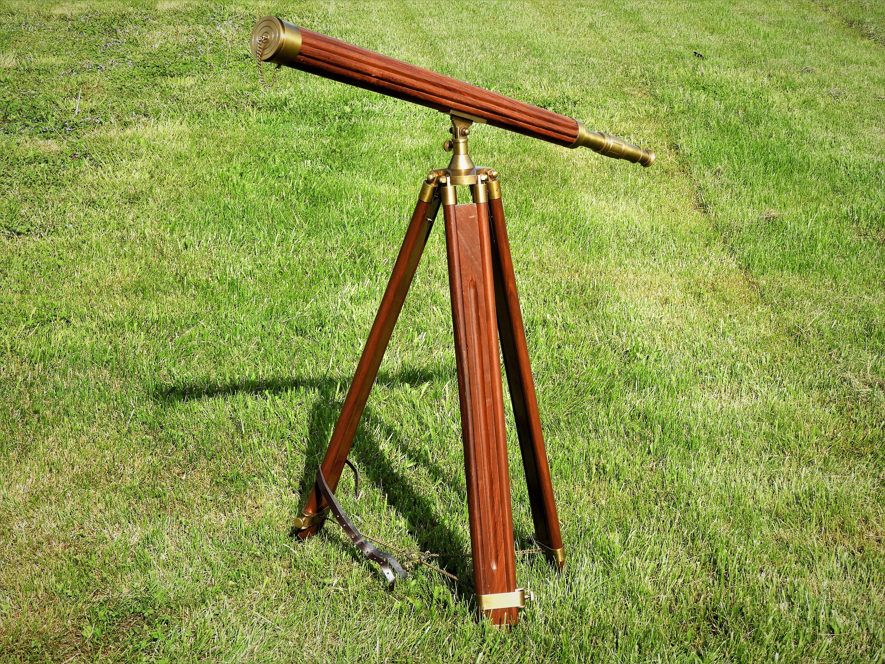 Vintage Wood & Brass Telescope, Nautical Folding Tripod Scope, Gold