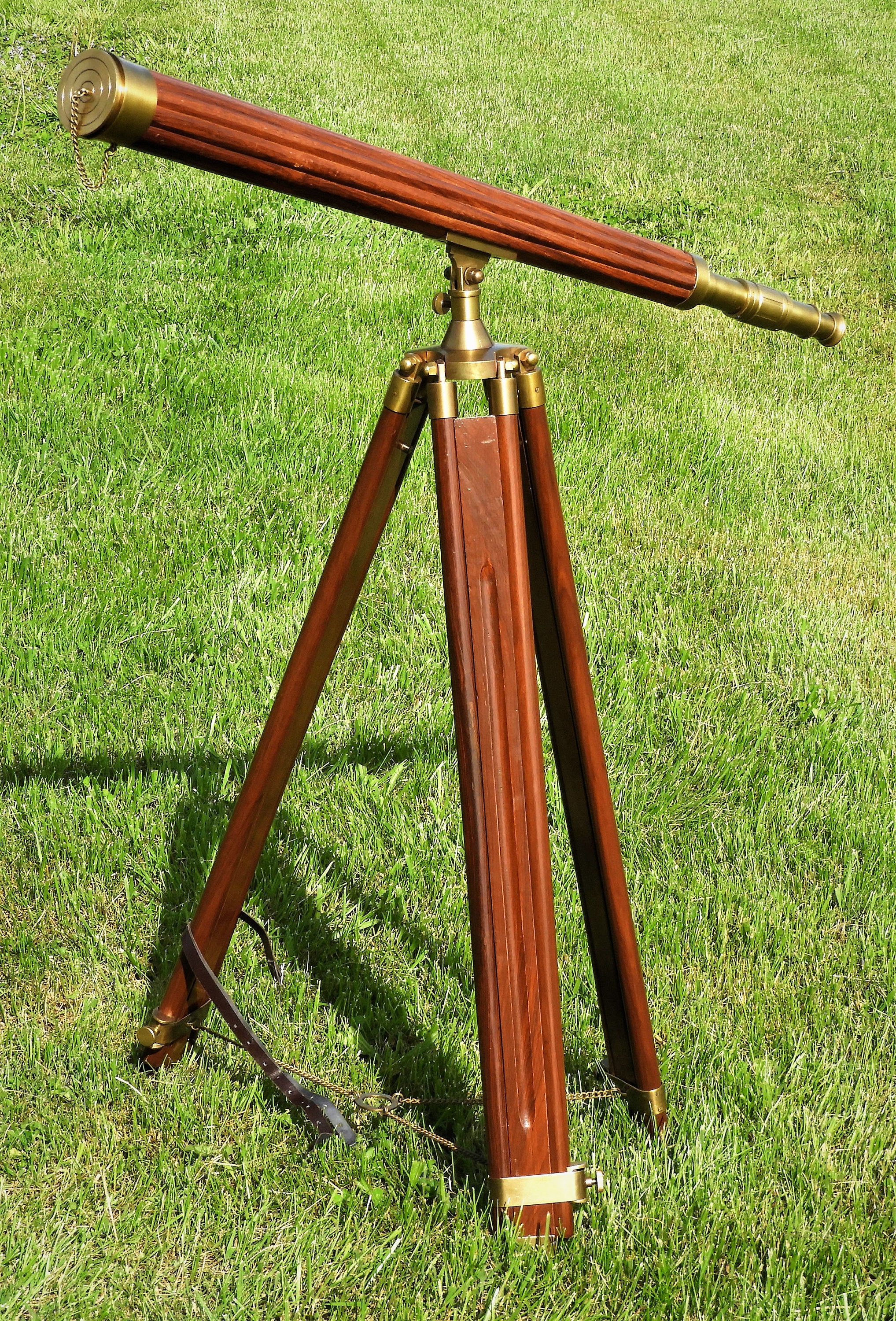Vintage Wood & Brass Telescope, Nautical Folding Tripod Scope, Gold