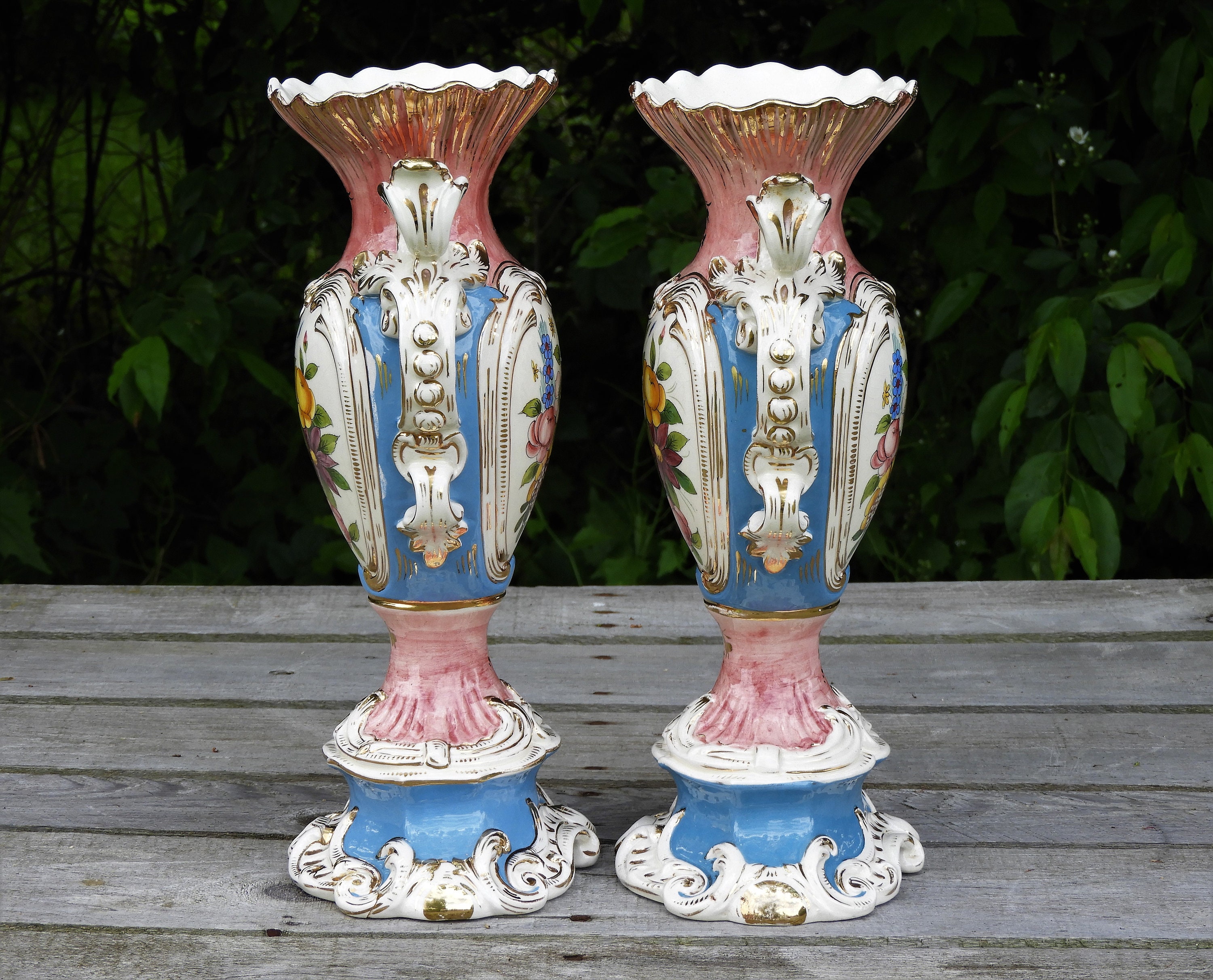 Vintage Italian Vases (2), Victorian Rococo, Aged Porcelain, Gold Gilt