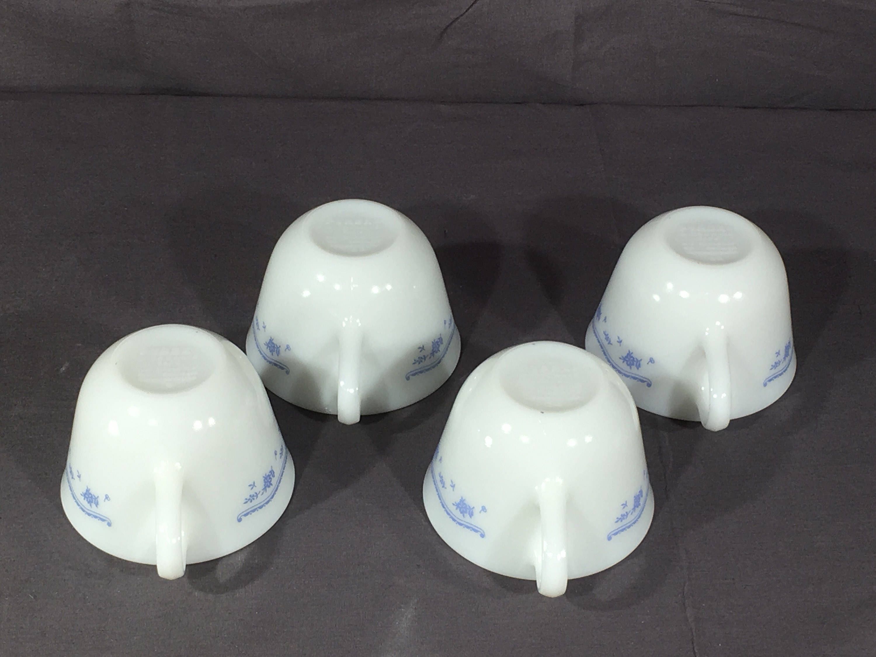 Vintage Pyrex Cups (4), Blue Flowers White Milk Glass Teacups ...