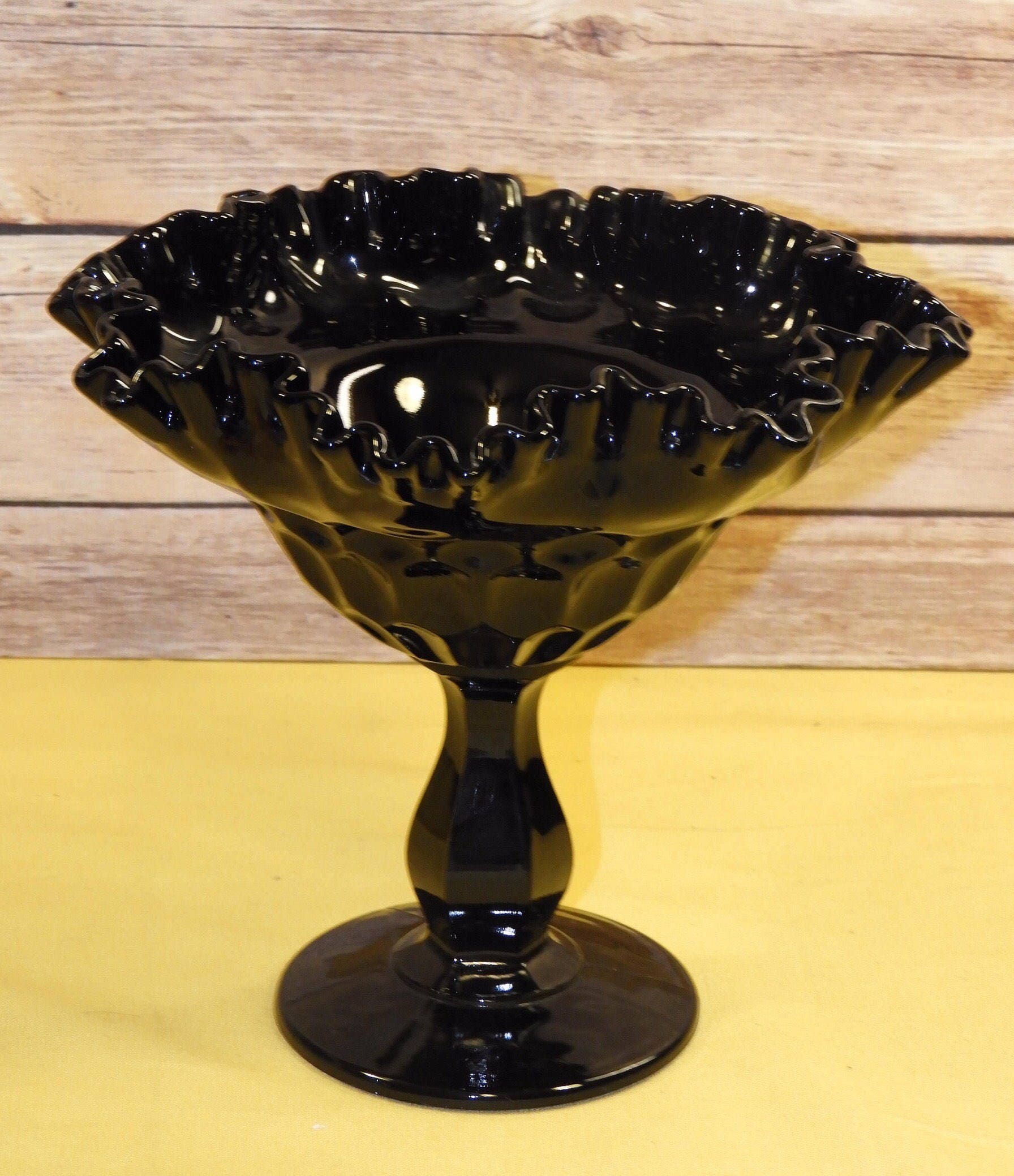 Vintage Black Glass Super Ruffle Large Compote Candy Dish, Wavy Ruffle