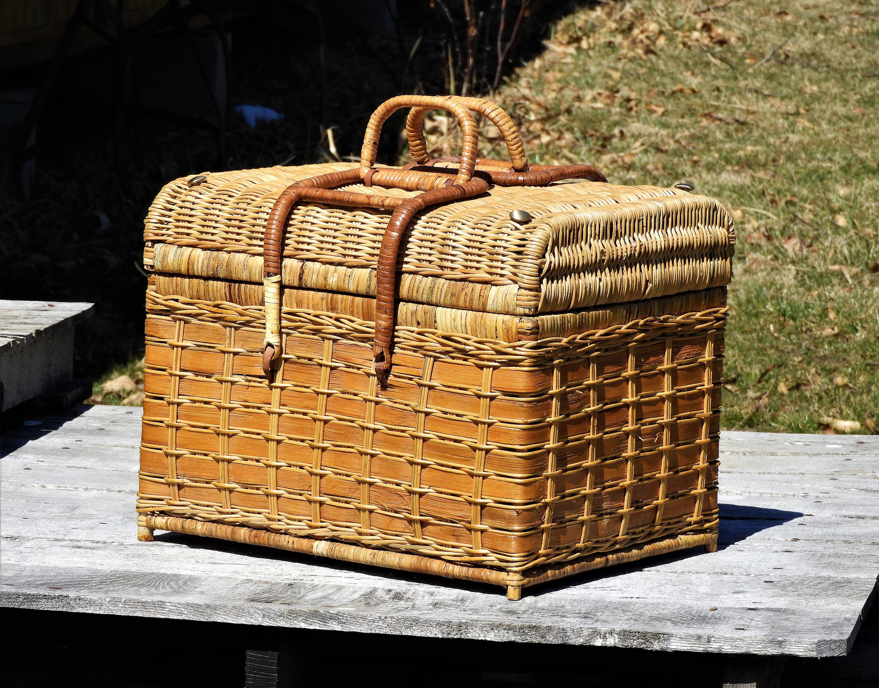 Vintage Rattan Trunk, Large Wicker Basket, Brown Picnic Storage