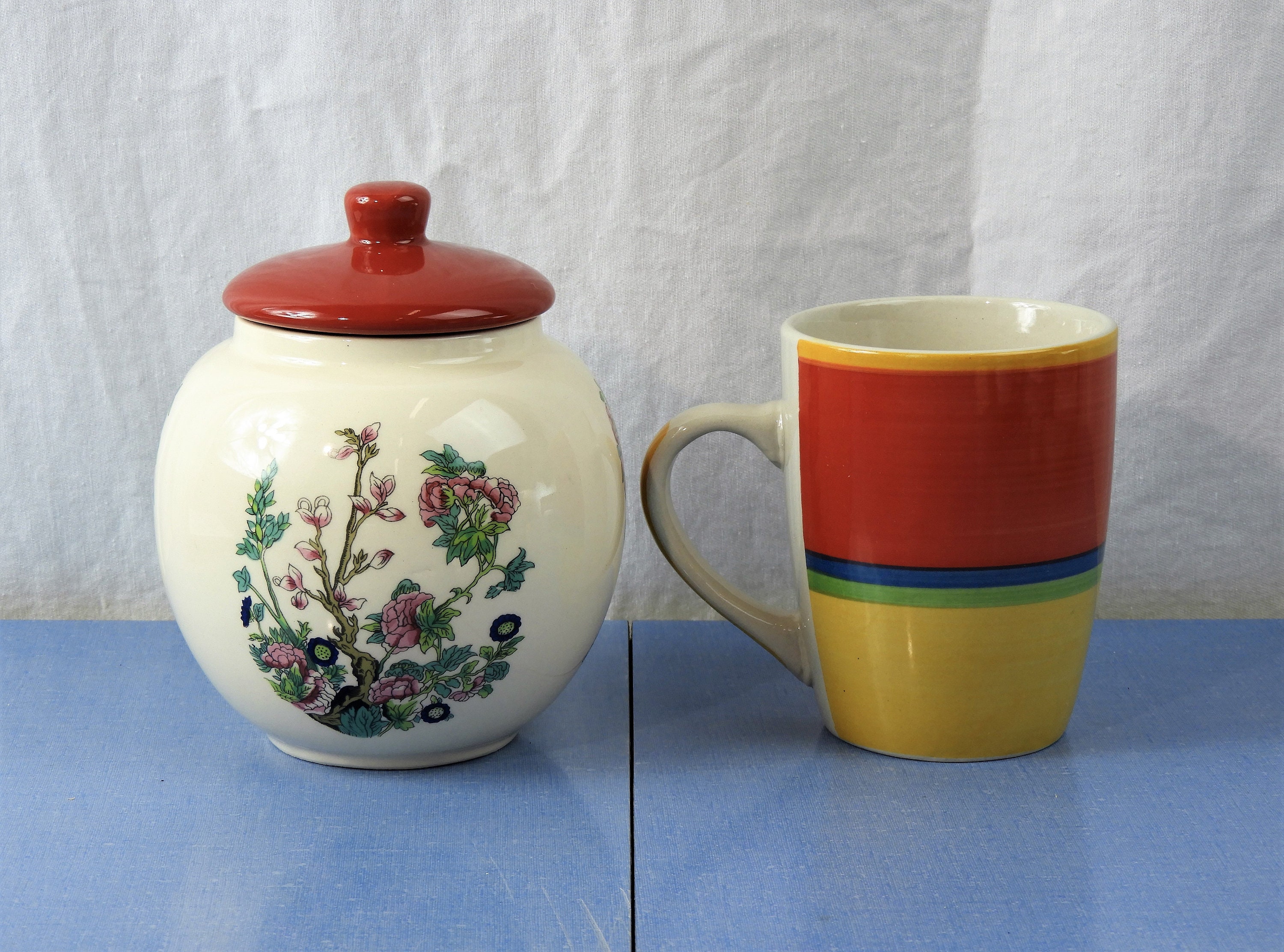 Vintage Sadler England Jar, White & Red Tea Caddy, Porcelain Storage