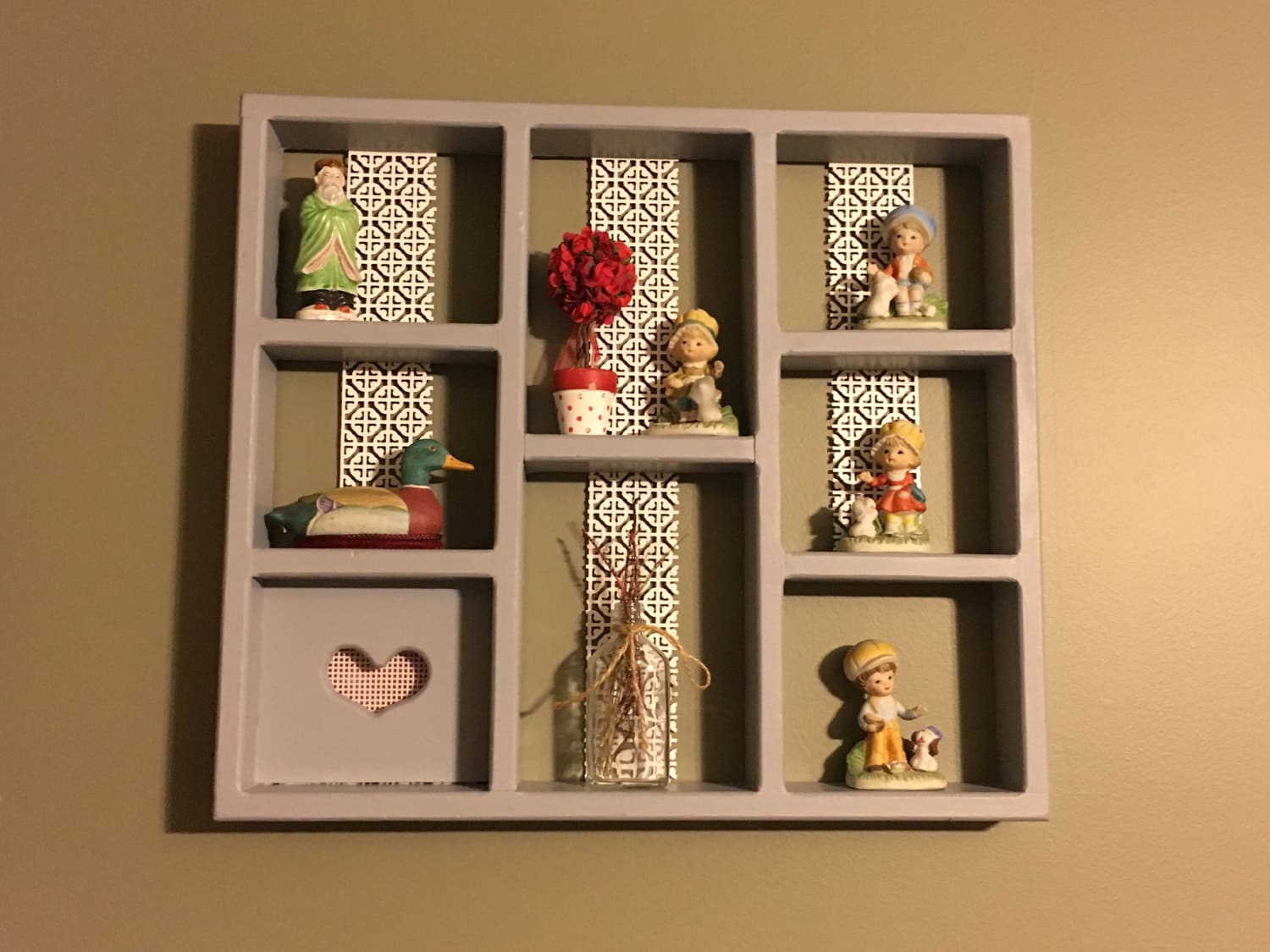 Shadow Box Shelf, Vintage Collectibles Display, Valentines Shadowbox Shelf, Gray White Lace Love