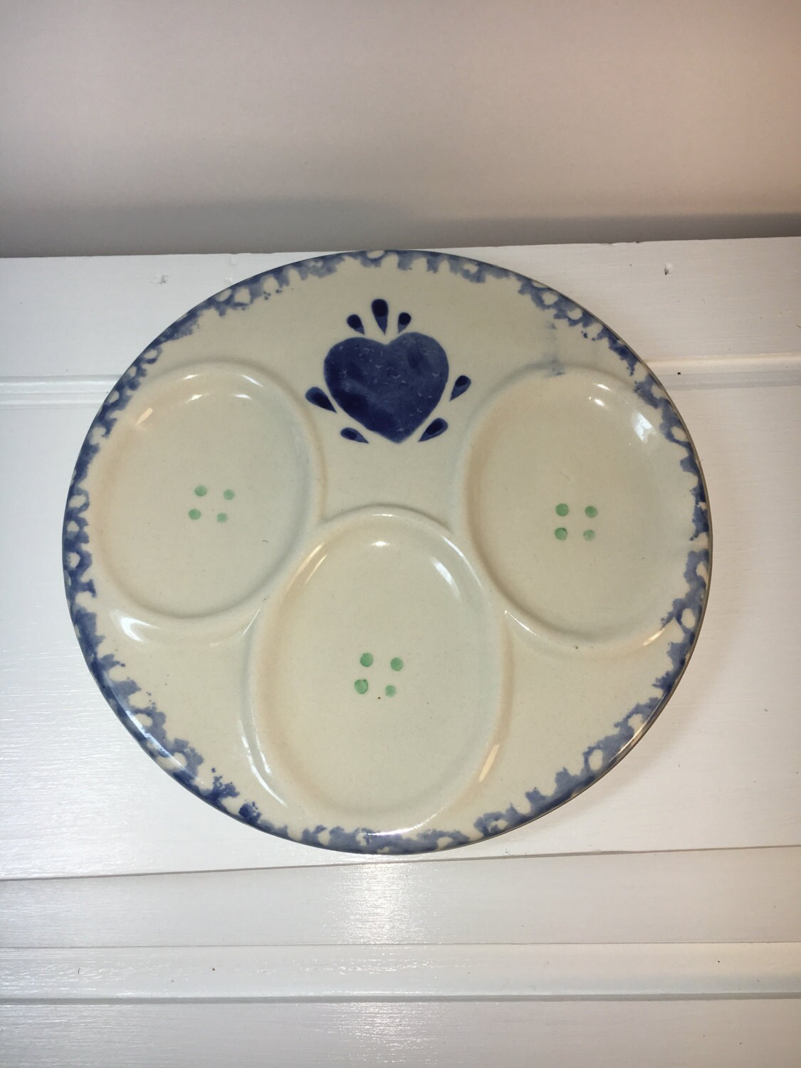Vintage Blue Heart Spongeware Plate, Blue & White Deviled Egg Platter