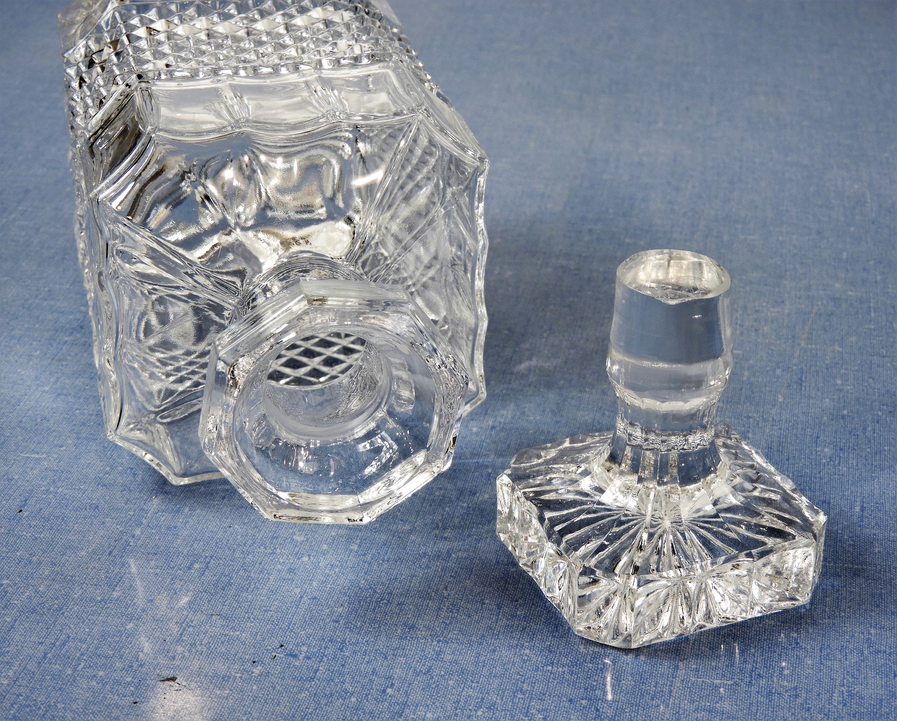 Vintage Cut Glass Decanter, Clear Crystal Bottle, Diamond Hobnail