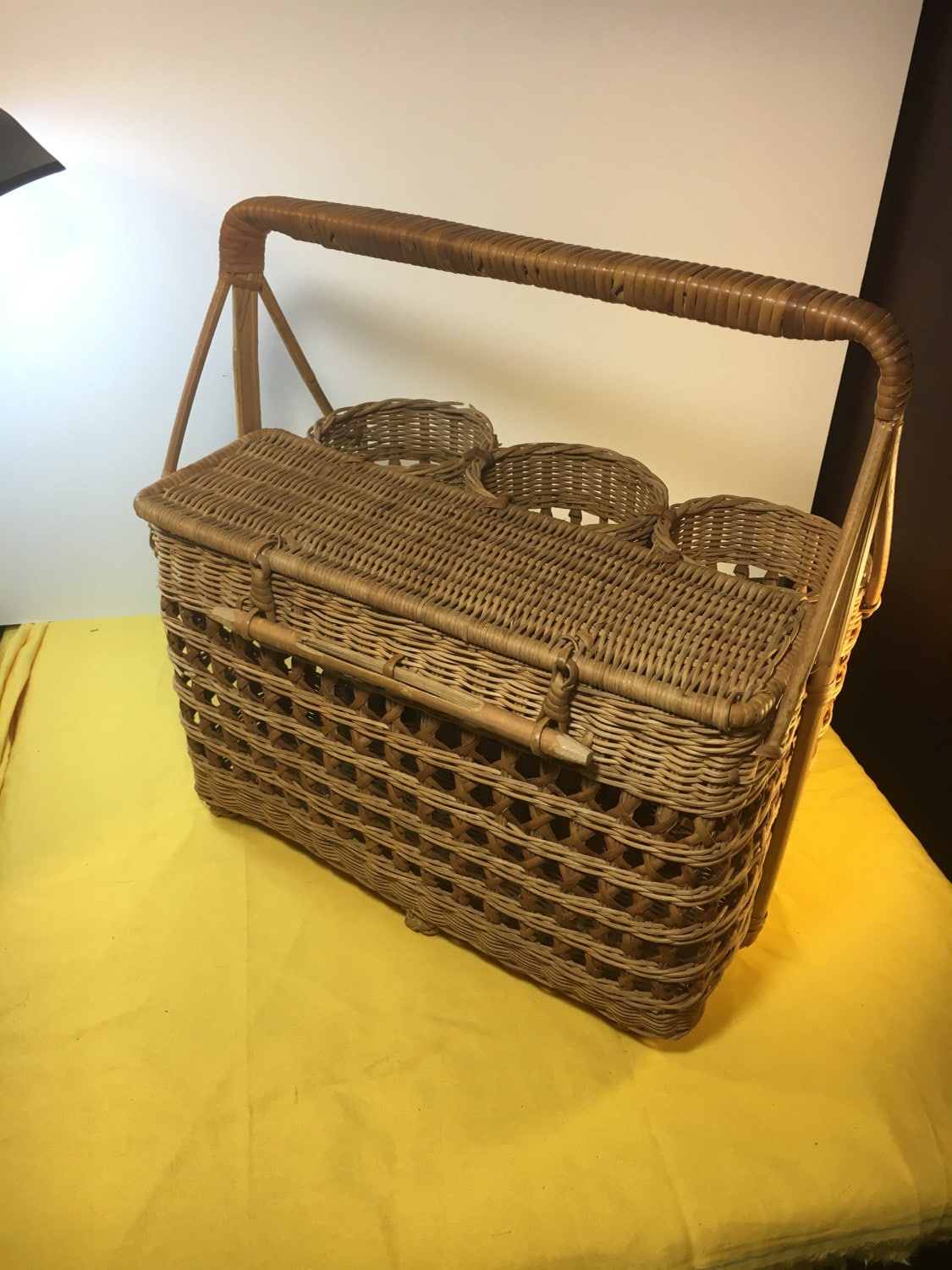 Vintage Rattan Picnic Basket, Brown Wine Cheese Wicker Rattan Basket