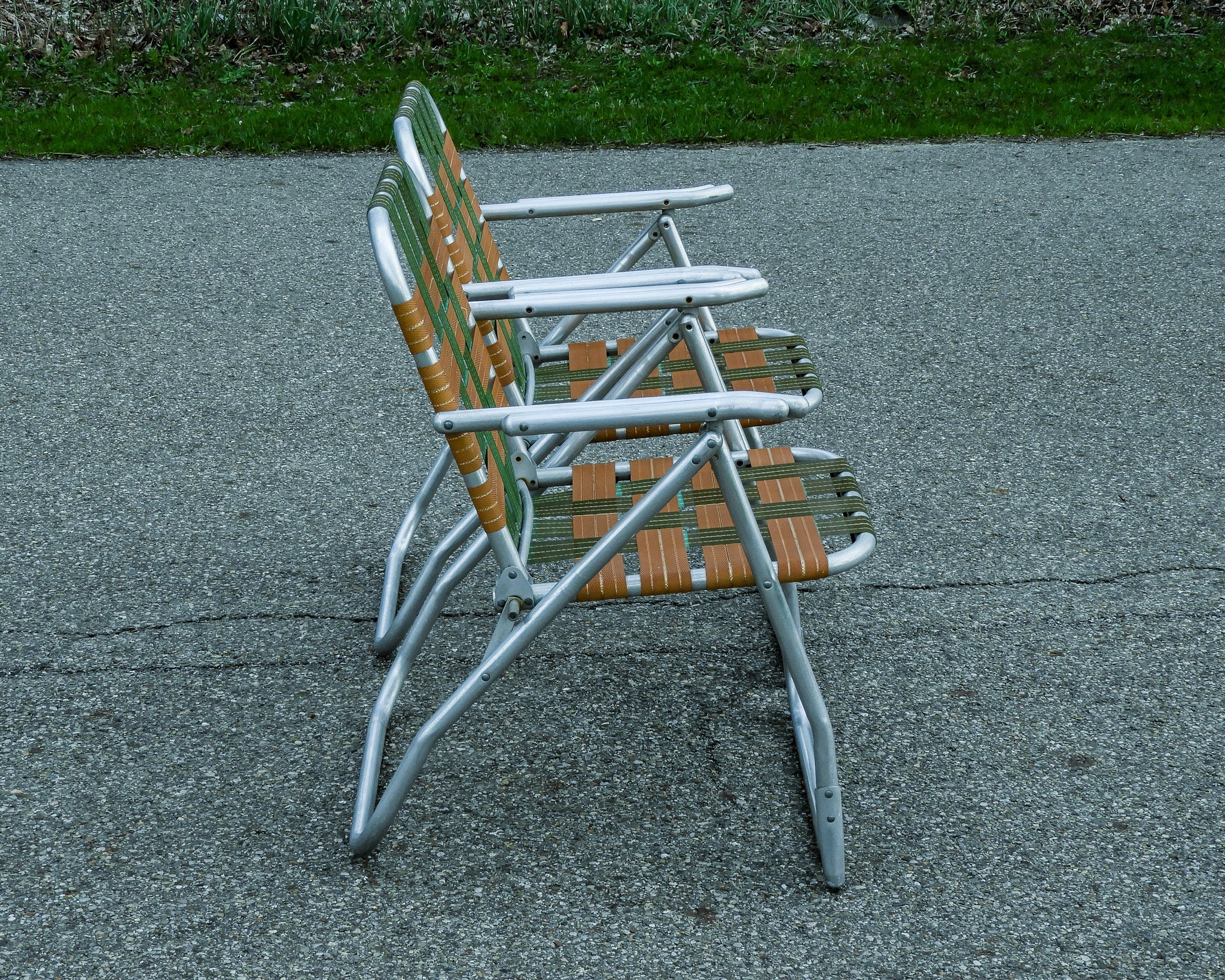 Vintage Lawn Chairs (2), Green & Gold, Tubed Aluminum, Metal Frame