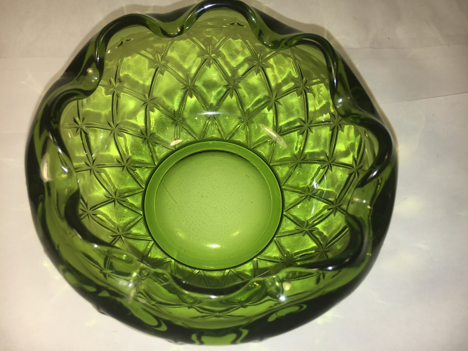 Vintage Green Glass Dish, Decorative Serving Bowl, Candy Dish, Ruffled