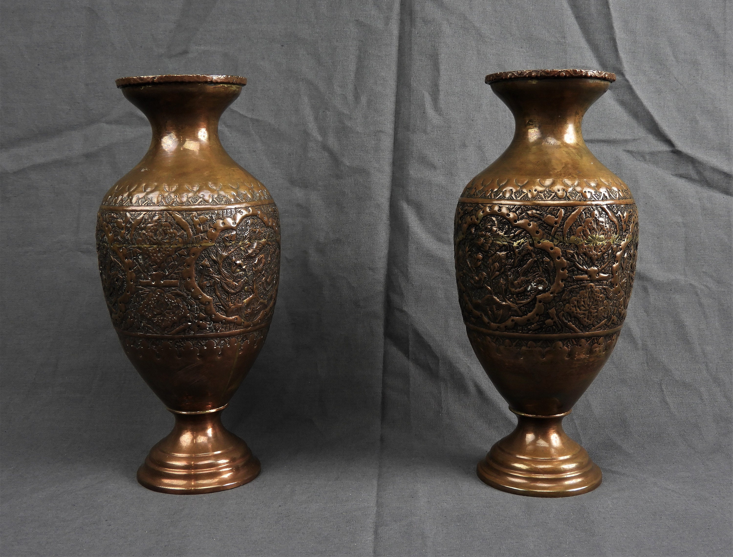 Antique Copper Vases, Persian Huma Bird, Embossed Vase, Ornate Urn