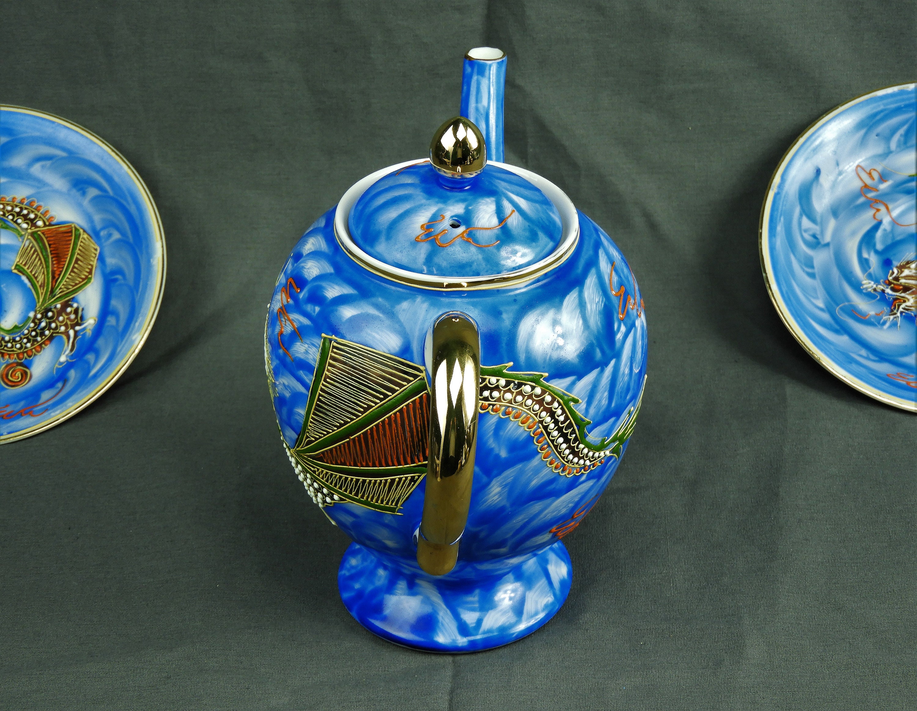 Vintage Asian Teapot & Saucers, Hong Kong China, Oriental Water Dragon