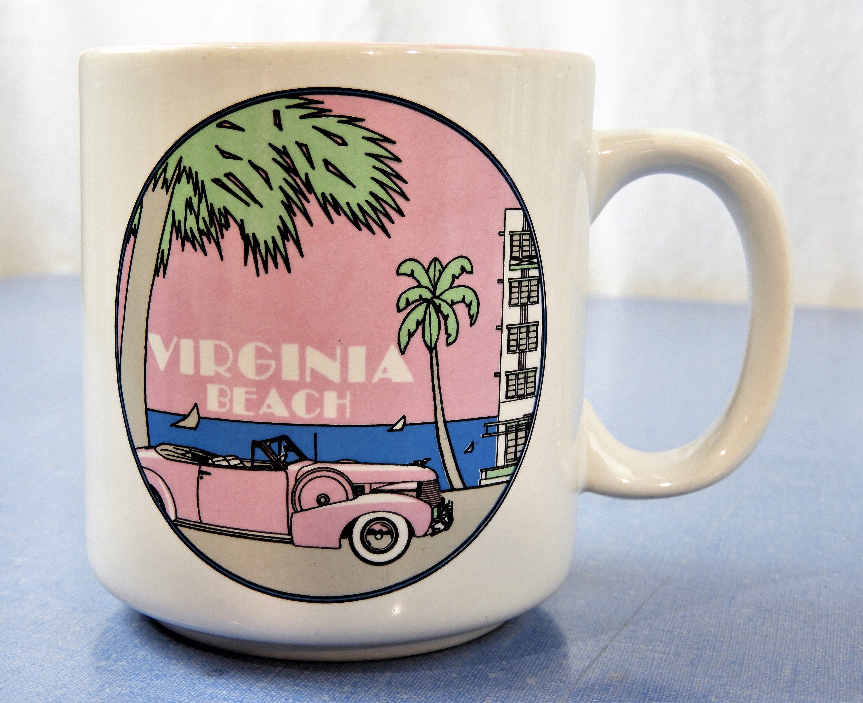 Vintage Coffee Mug, Pink & White Cup, Virginia Beach Souvenir, Retro