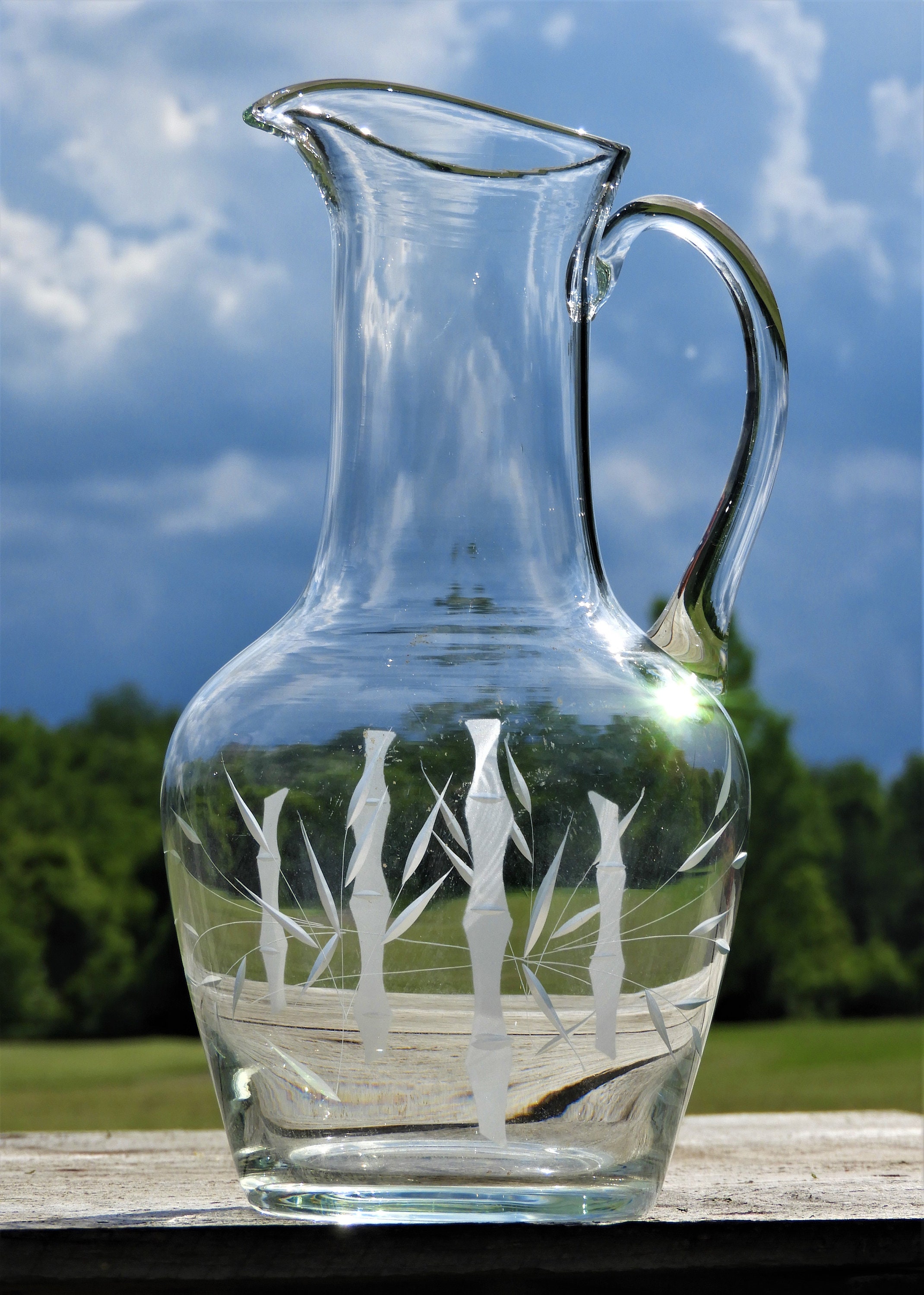 Vintage Juice Pitcher, Etched Cut Glass Carafe, 2 qt Bamboo Theme