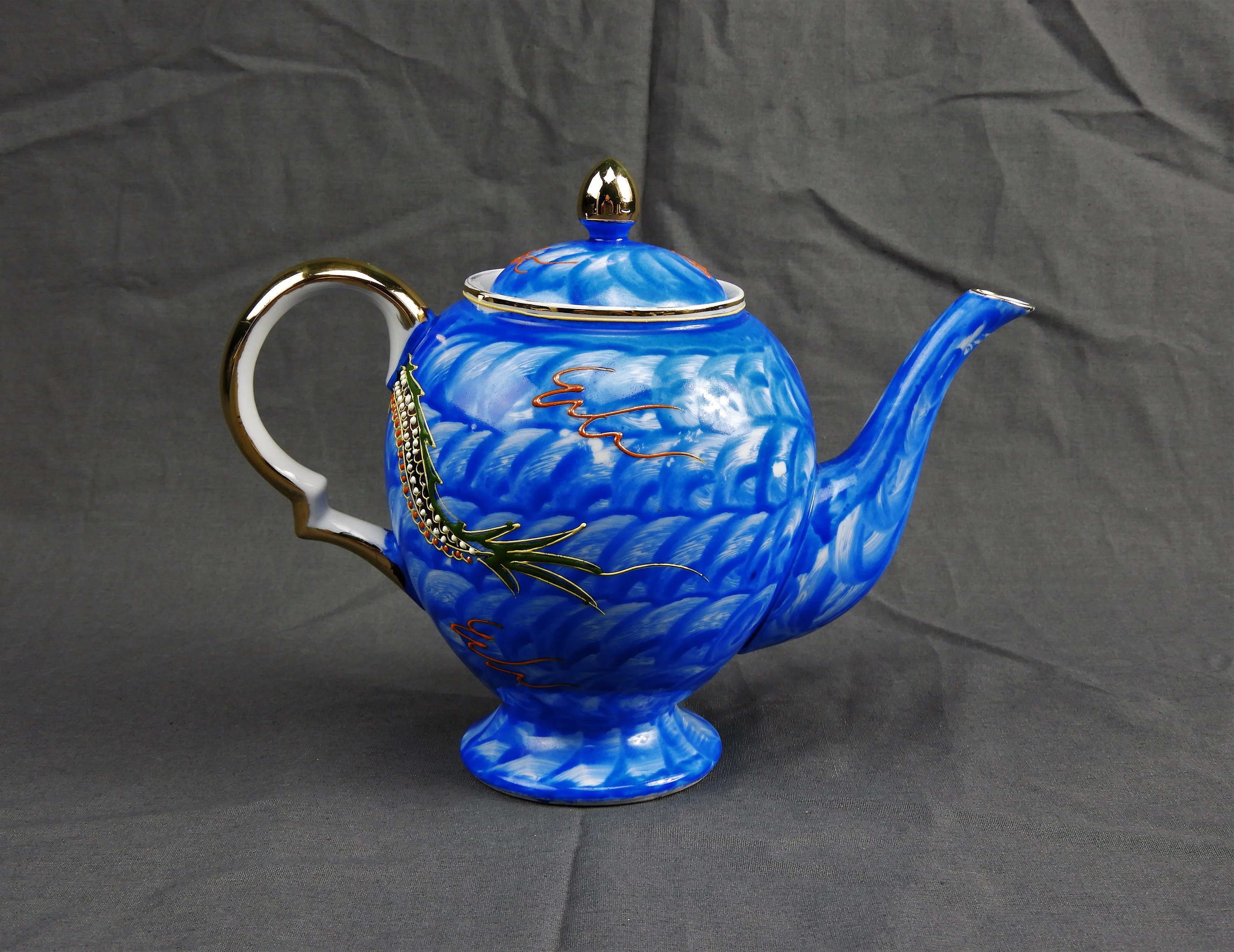 Vintage Asian Teapot & Saucers, Hong Kong China, Oriental Water Dragon