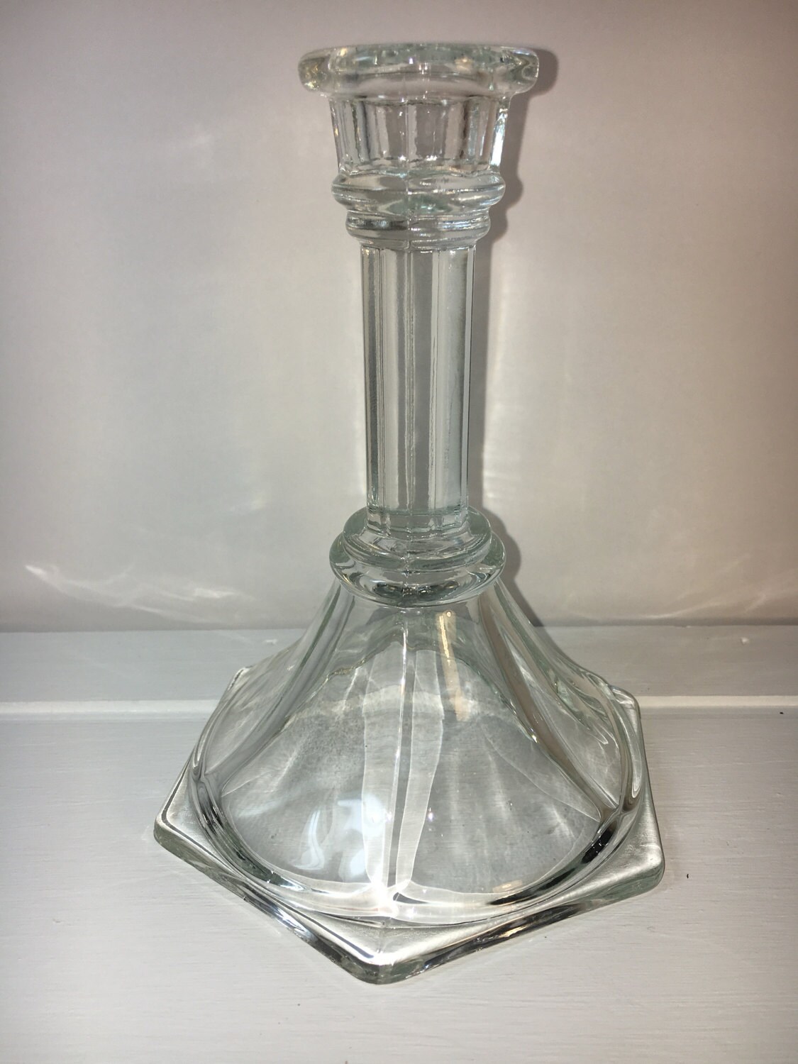 Vintage Elegant Glass Candlestick, Clear Homco Candleholder, Ribbed Glass Stem Candle Holder