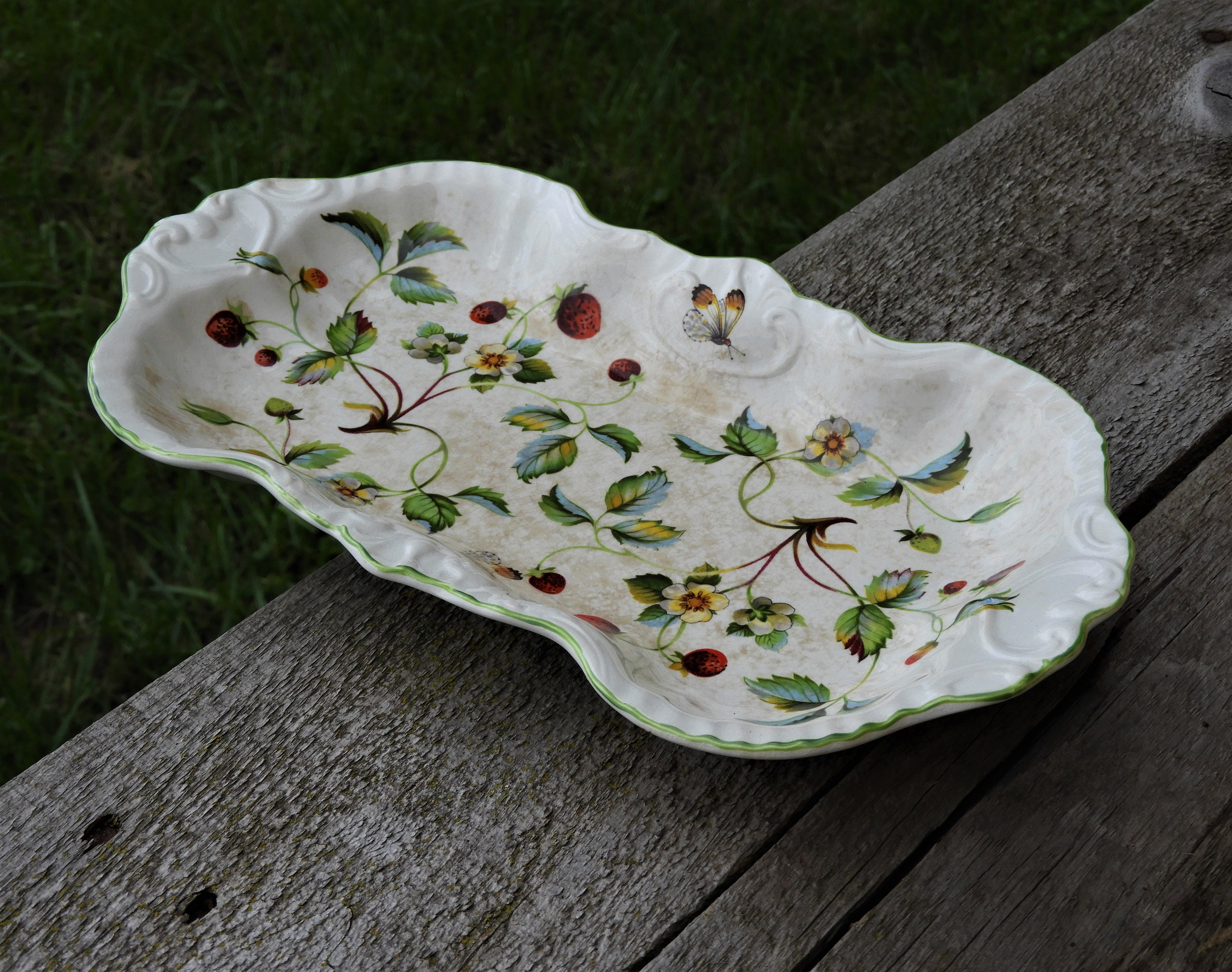 Vintage James Kent Celery Dish, Strawberry & Butterfly Decor, Old Foley