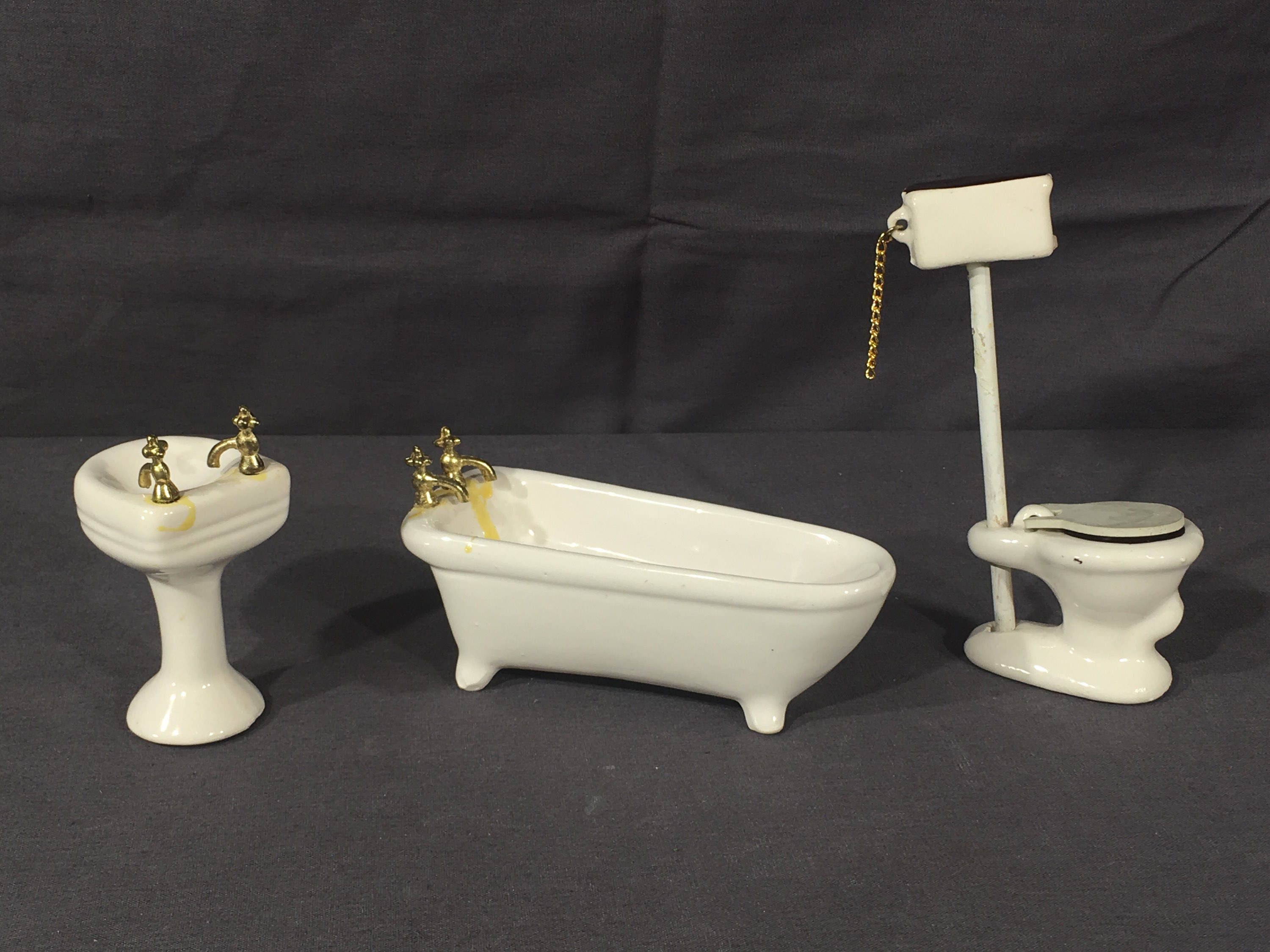 Vintage Miniature Furniture, Sears Roebuck Toilet Tub Sink, Decorative White Dollhouse Porcelain