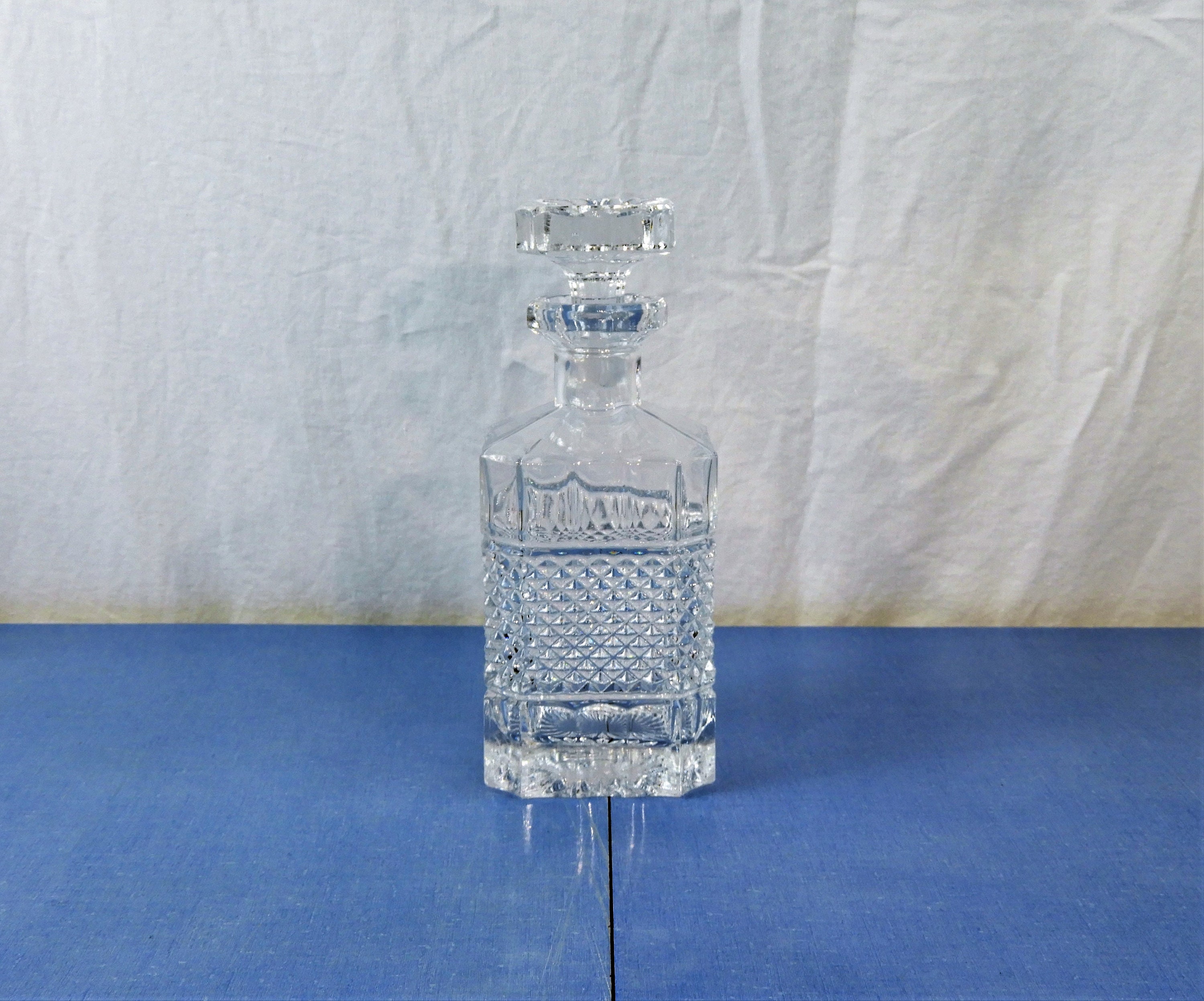 Vintage Cut Glass Decanter, Clear Crystal Bottle, Diamond Hobnail
