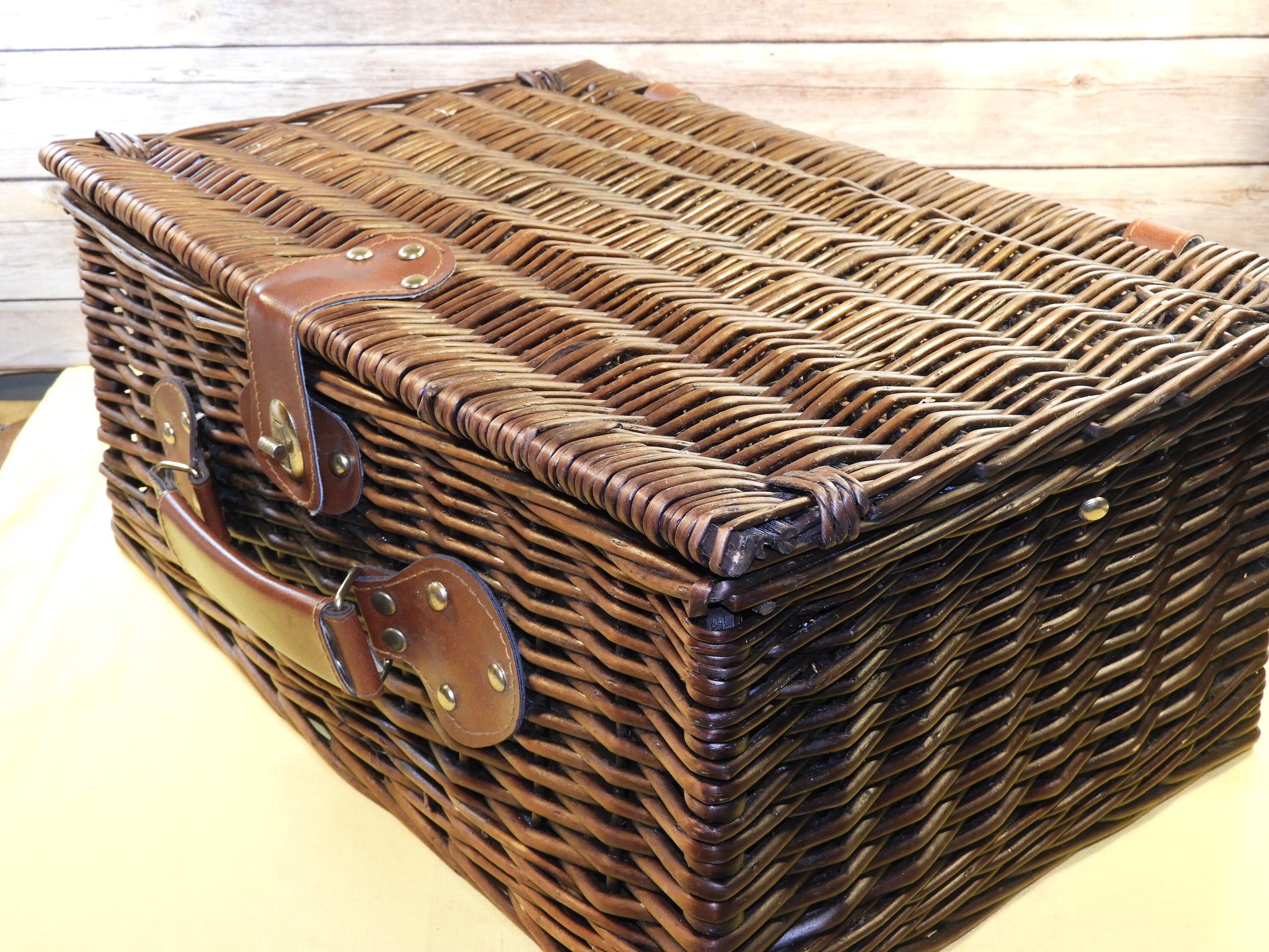 Vintage Wicker Picnic Basket,Leather Trim Striped Interior Sewing